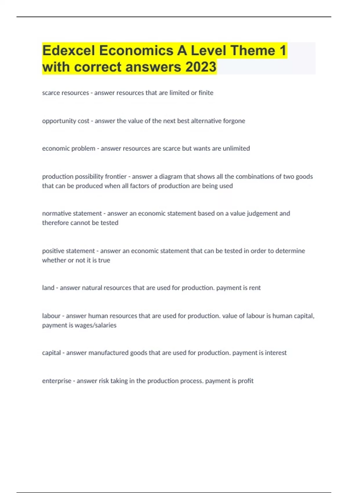 Edexcel Economics A Level Theme 1 with correct answers 2023/24 ...