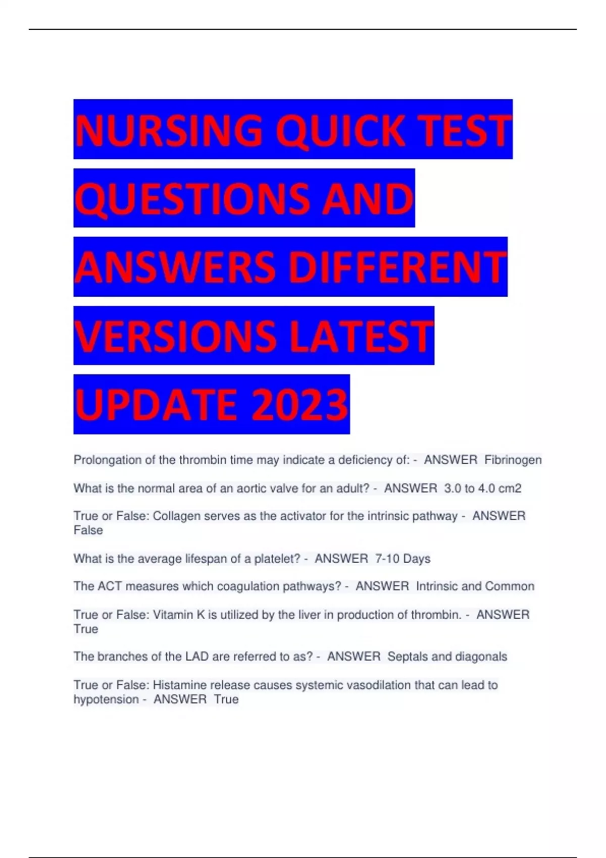 NURSING QUICK TEST QUESTIONS AND ANSWERS DIFFERENT VERSIONS LATEST ...