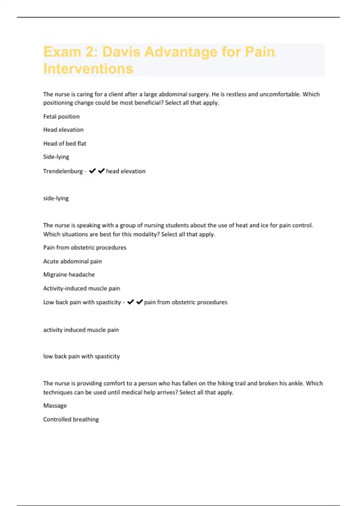 Exam 2: Davis Advantage for Pain Interventions Questions and Answers ...