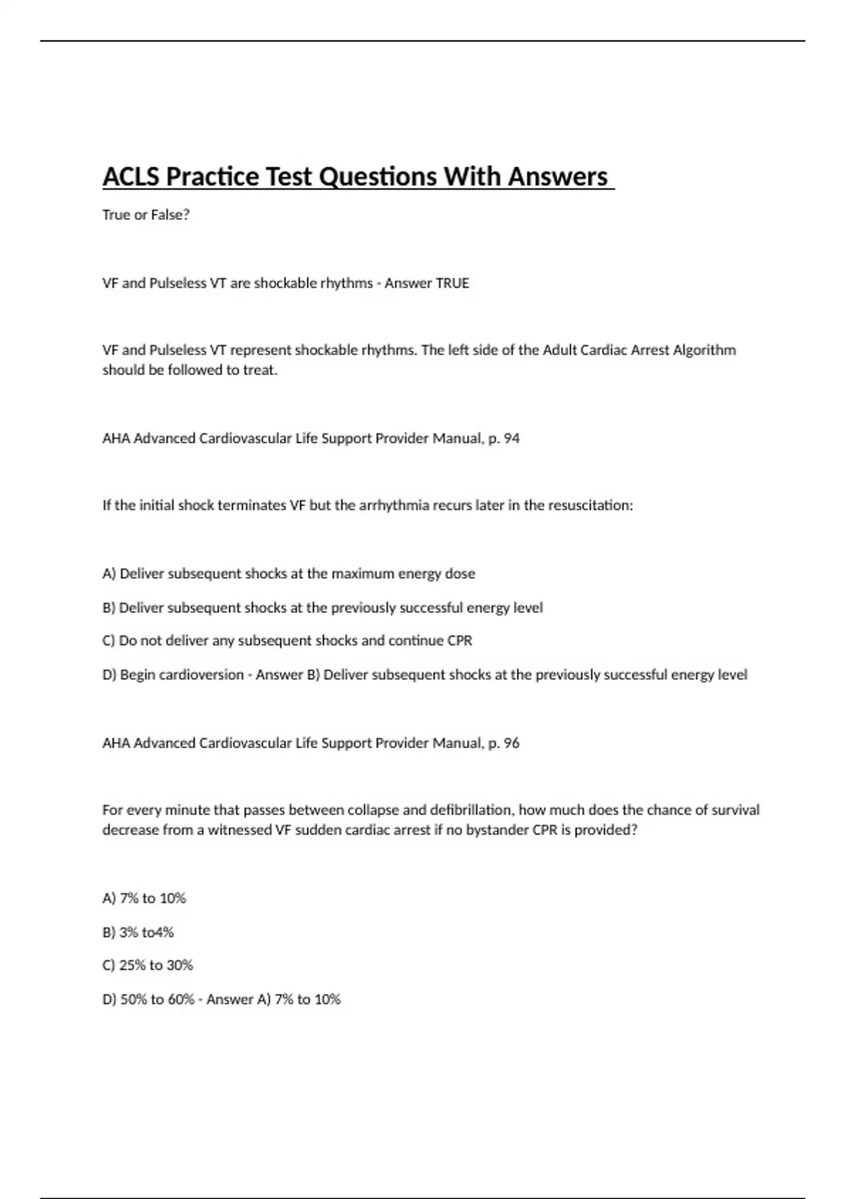 ACLS Practice Test Questions With Answers - Acls - Stuvia US