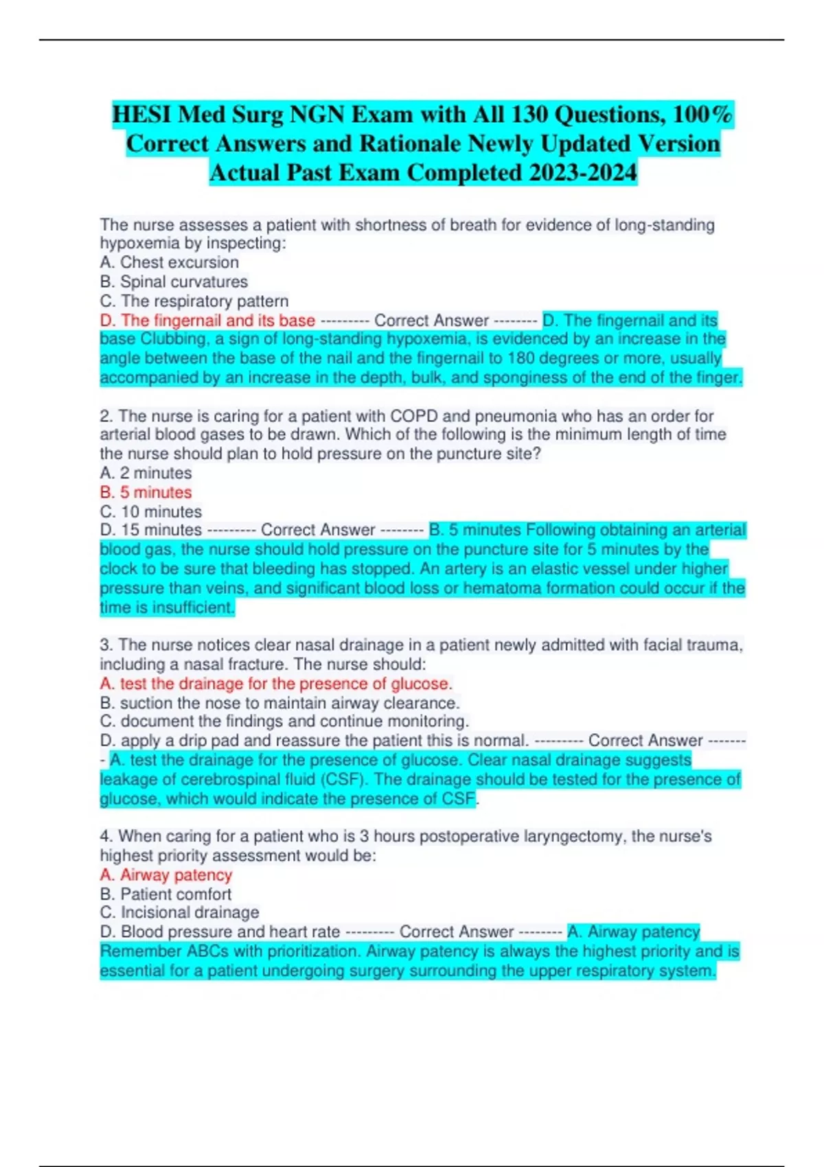 HESI Med Surg NGN Exam with All 130 Questions, 100% Correct Answers and ...