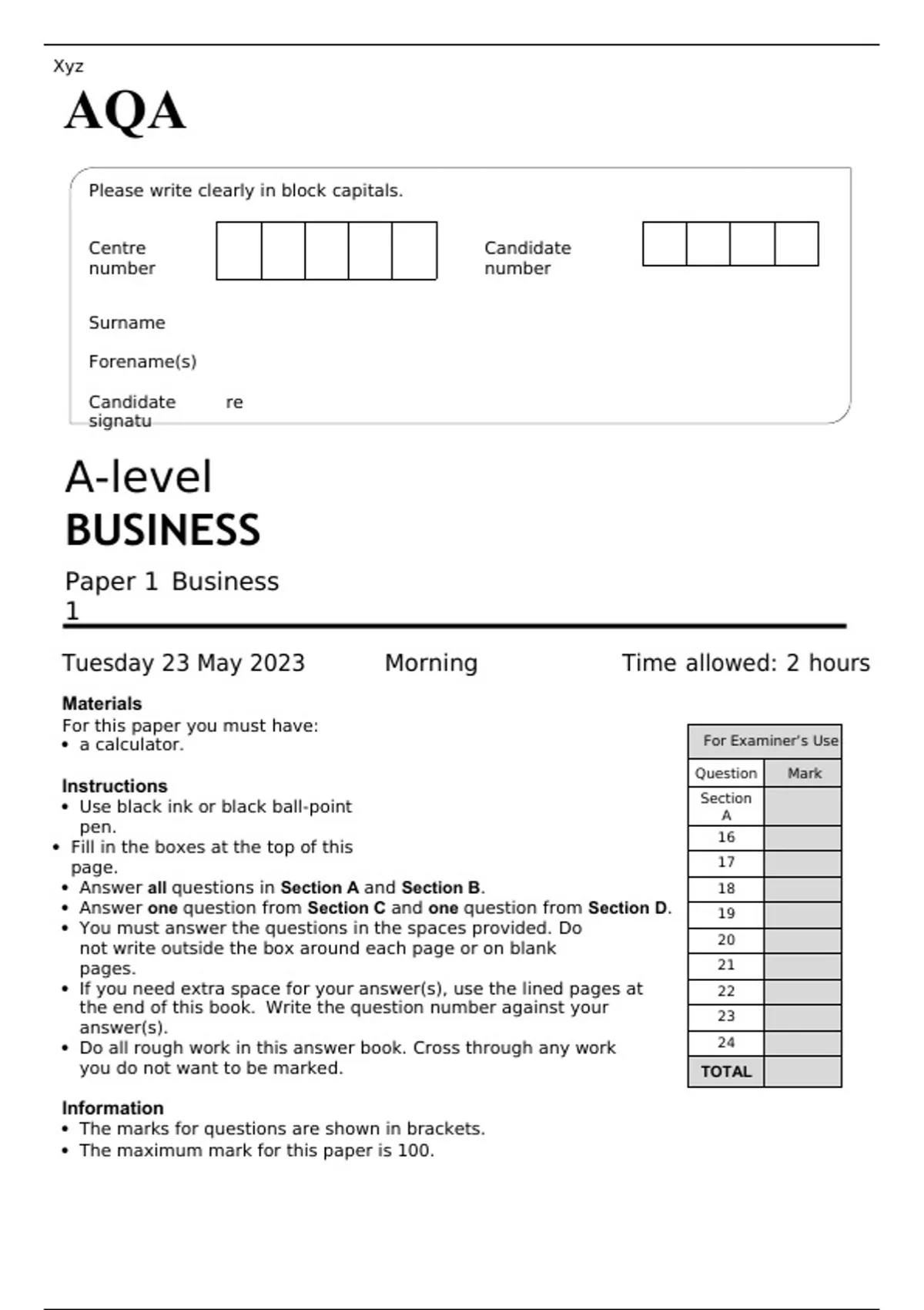 AQA Alevel BUSINESS Paper 1 Business 1 JUNE 2023 QUESTION PAPER A
