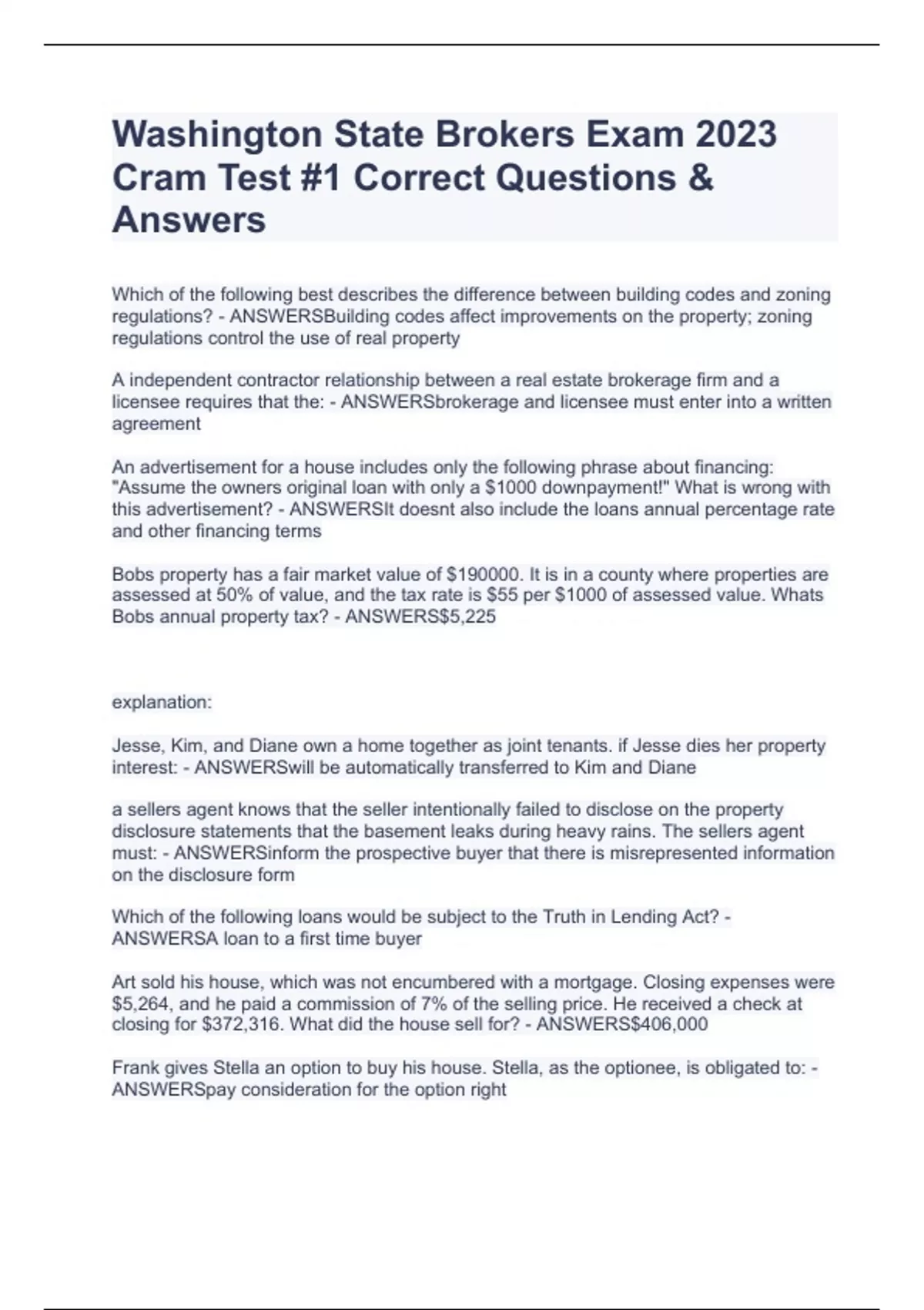 Washington State Brokers Exam 2023 Cram Test 1 Correct Questions