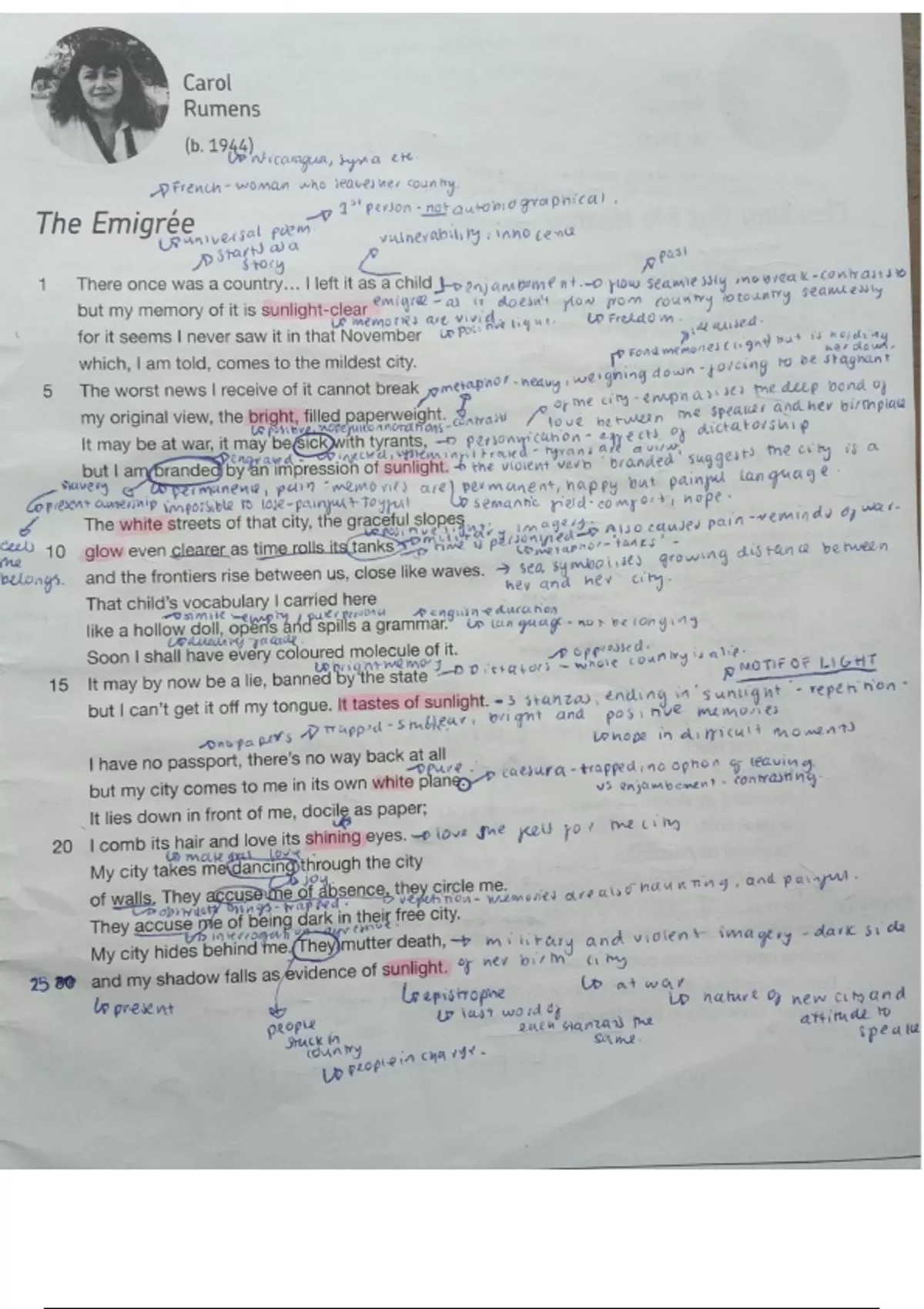 Summary The Emigr e By Carol Rumens Annotations AQA English Summary The Emigr e By Carol Rumens Annotations AQA English