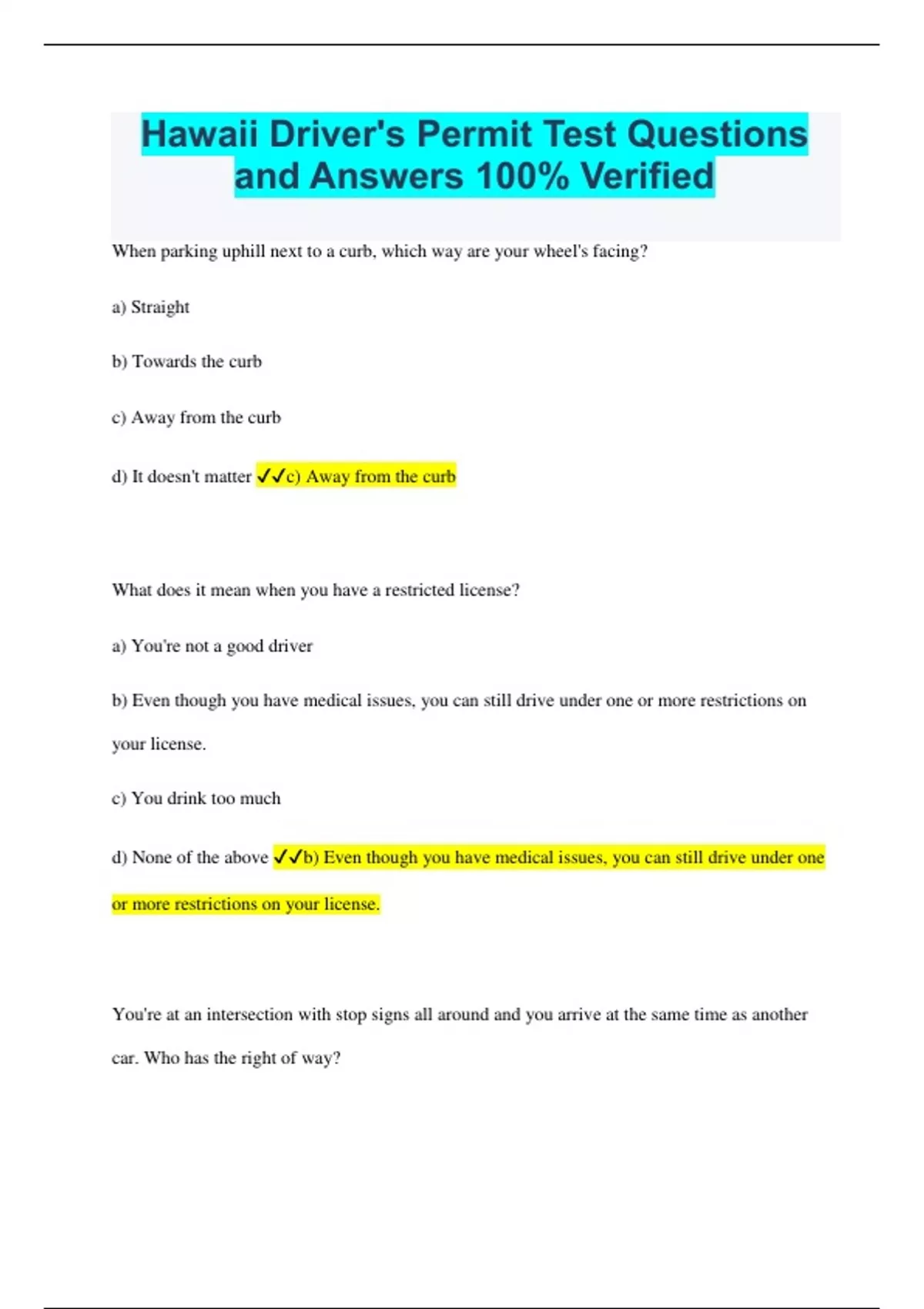 Hawaii Driver's Permit Test Questions and Answers 100 Verified