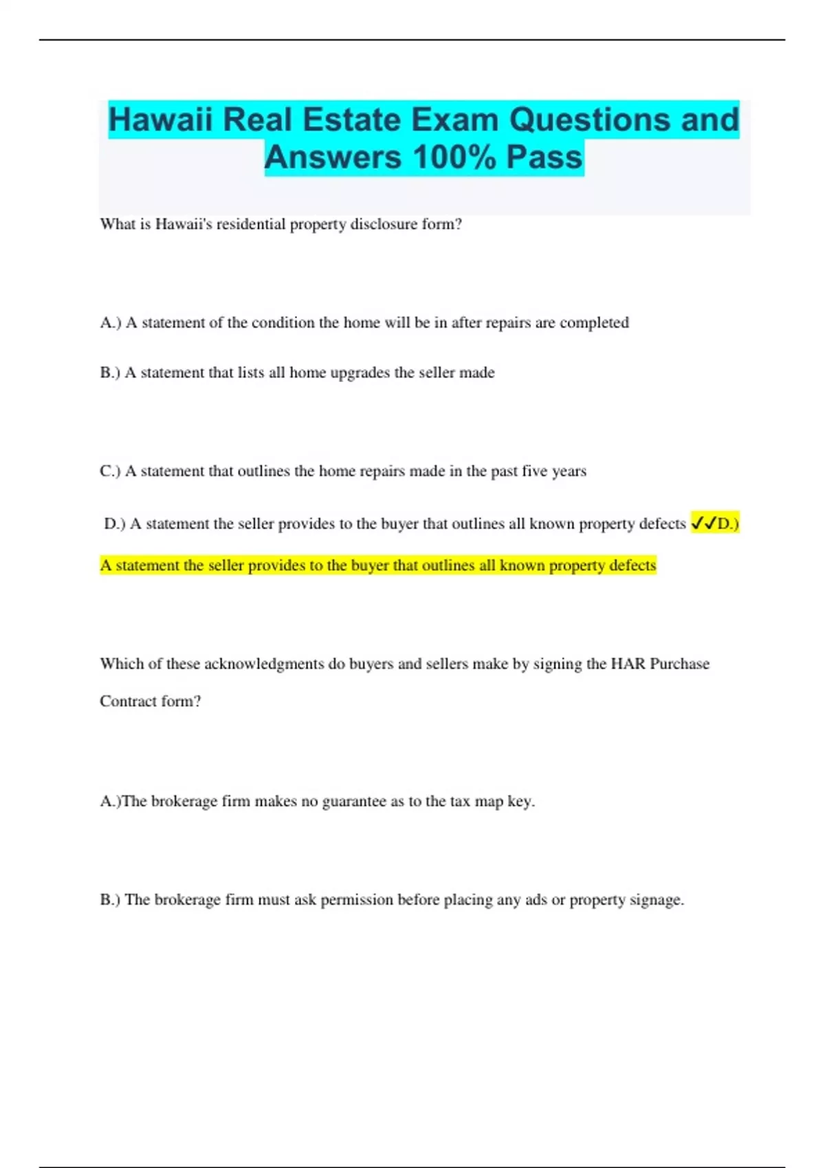 HAWAII REAL ESTATE EXAM BUNDLE PACK QUESTIONS AND ANSWERS RATED A+ 20232024 LATEST UPDATE
