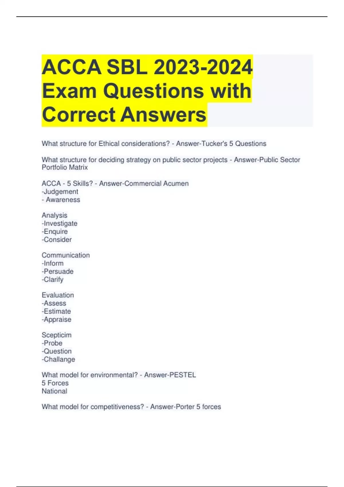 ACCA SBL Exam Questions with Correct Answers ACCA SBL Stuvia US