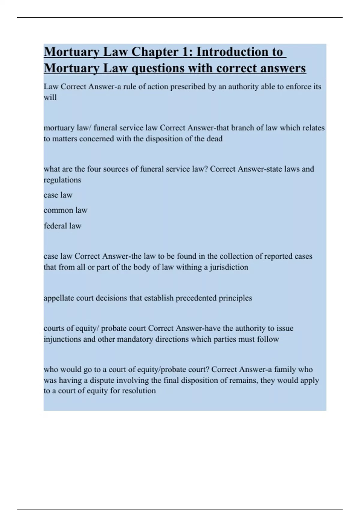 Mortuary Law Chapter 1 Introduction to Mortuary Law questions with