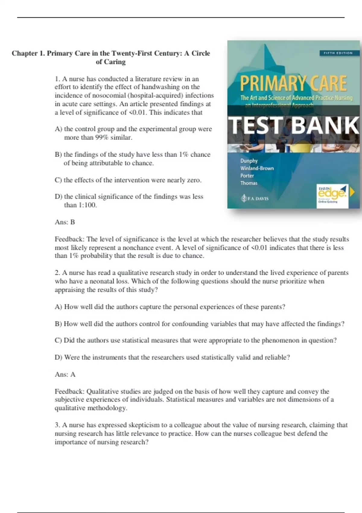 TEST BANK FOR PRIMARY CARE ART AND SCIENCE OF ADVANCED PRACTICE NURSING