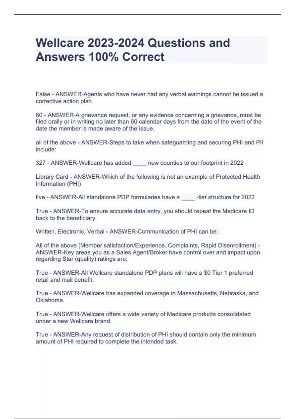 Wellcare Questions and Answers 100 Correct Wellcare certification