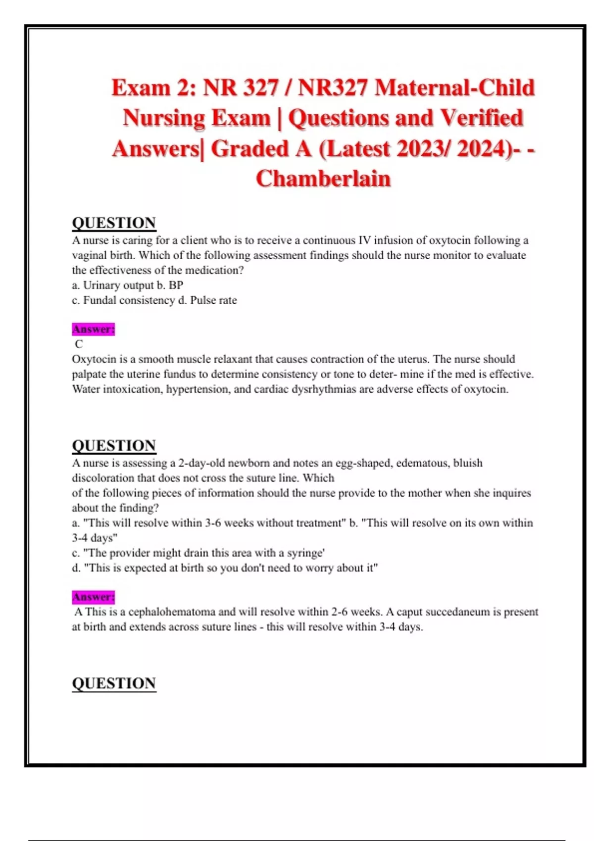 Exam 2: NR 327 / NR327 Maternal-Child Nursing Exam | Questions and ...