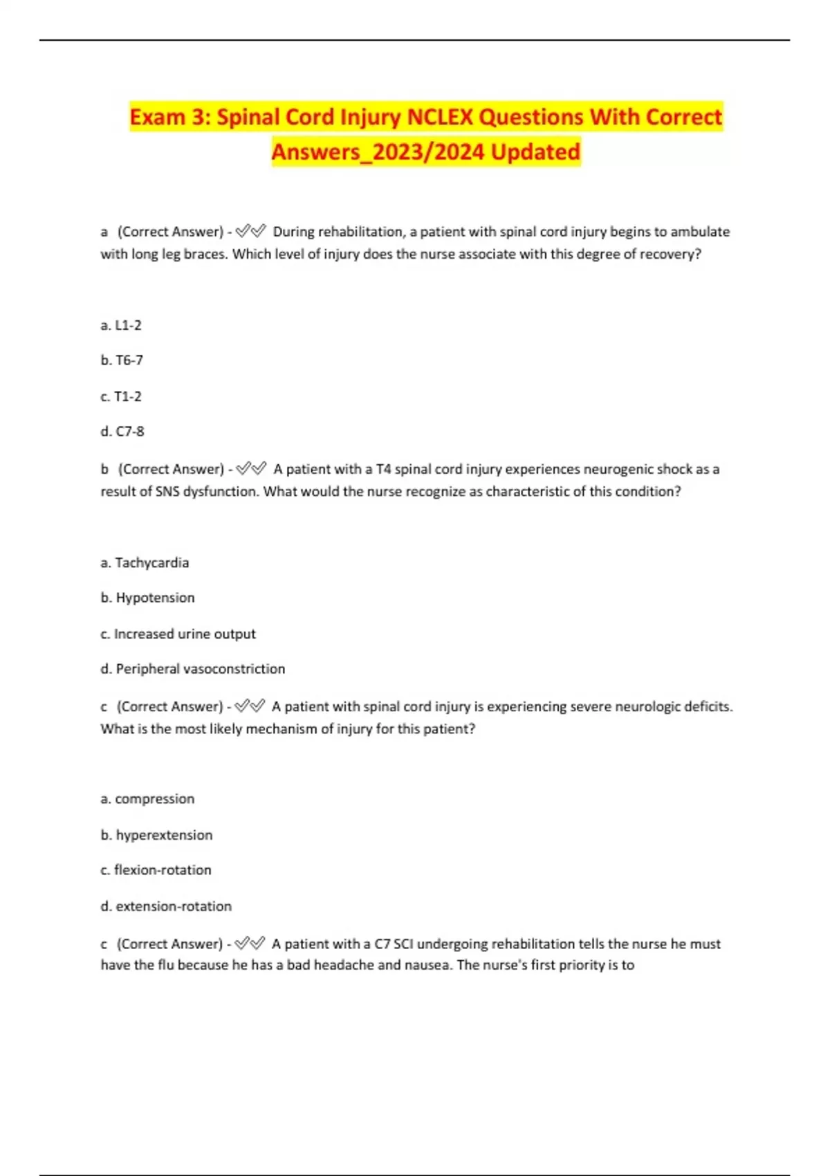 Exam 3 Spinal Cord Injury NCLEX Questions With Correct Answers_2023