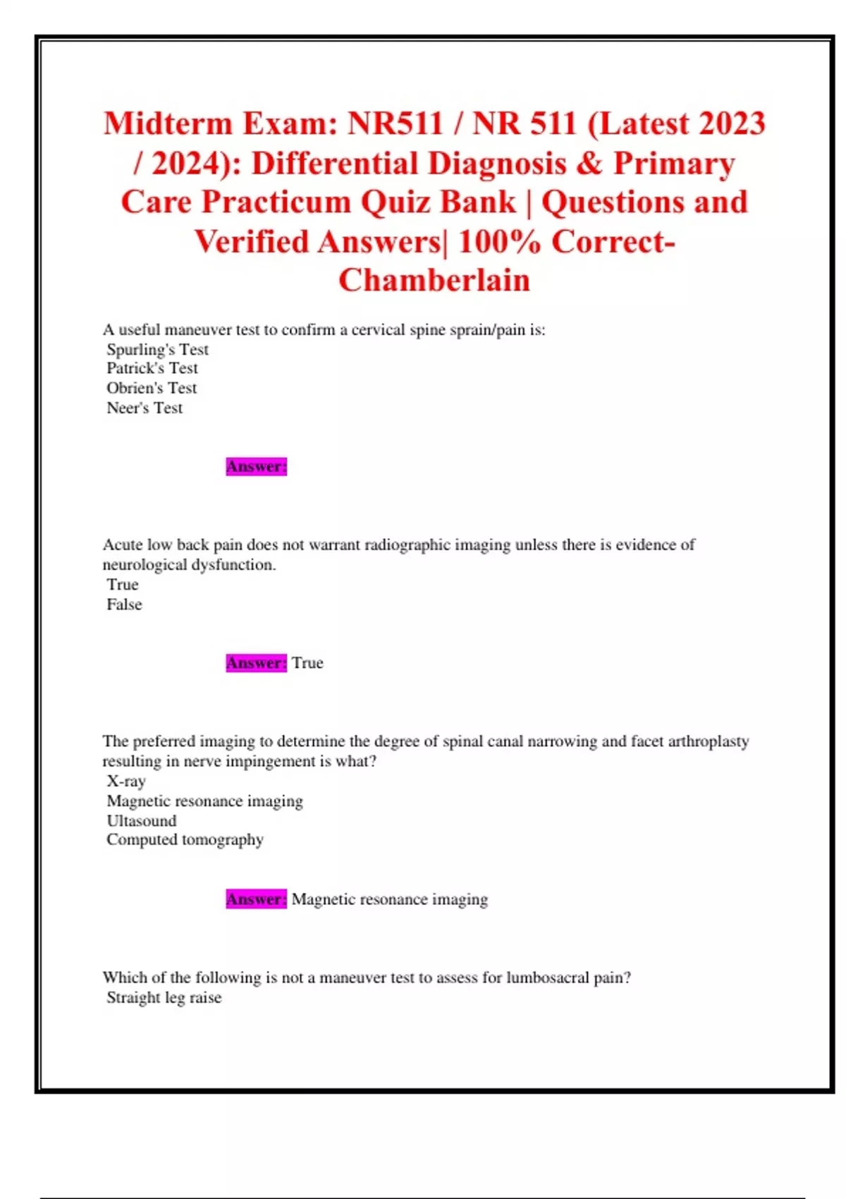 Midterm Exam NR511 / NR 511 (Latest 2023 / 2024) Differential