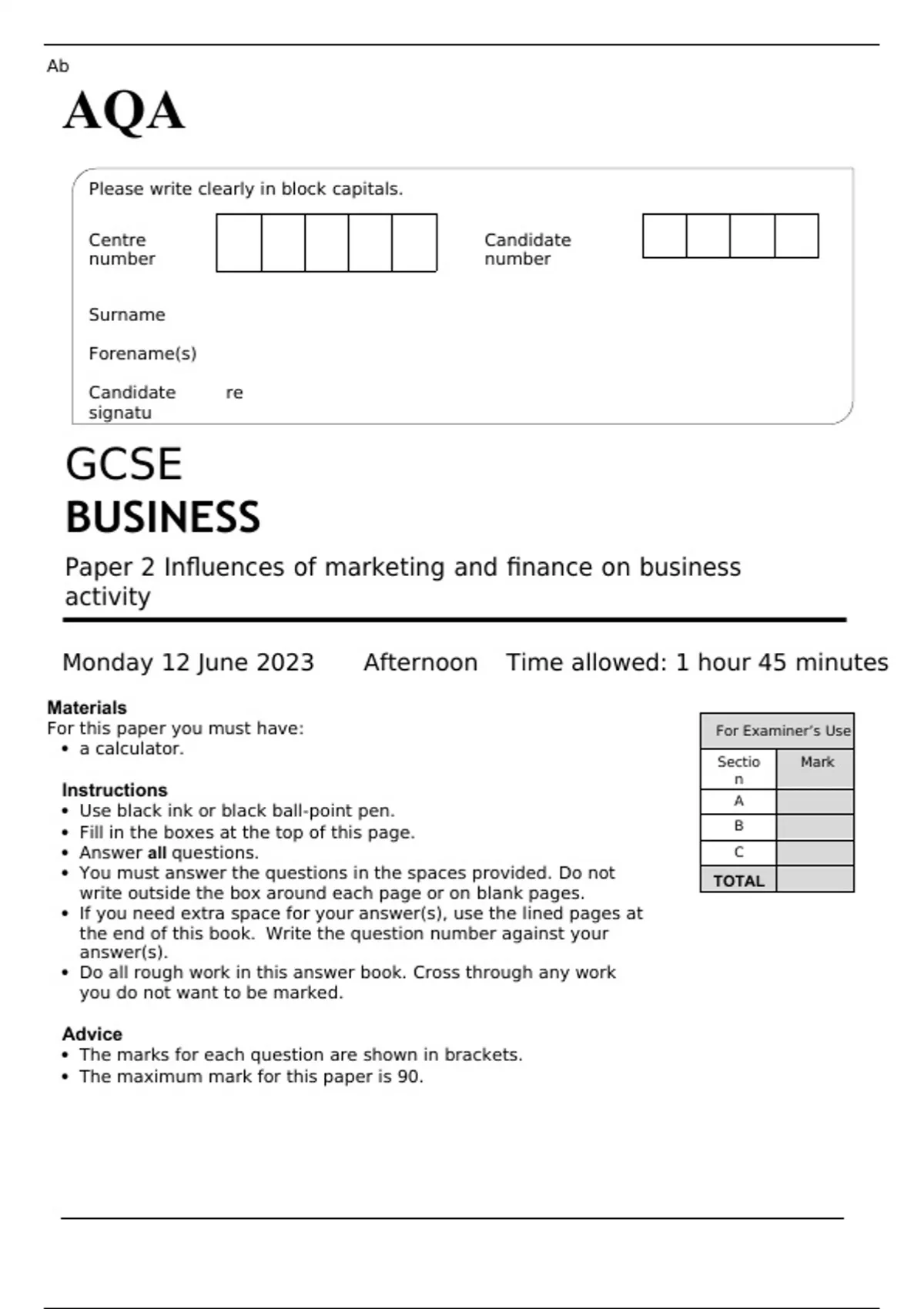 AQA GCSE BUSINESS Paper 2 QUESTION PAPER 2023 Influences of marketing