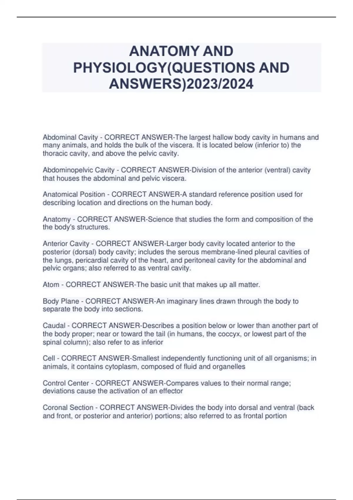 ANATOMY AND PHYSIOLOGY(QUESTIONS AND ANSWERS)2023/2024 - Anatomy and ...