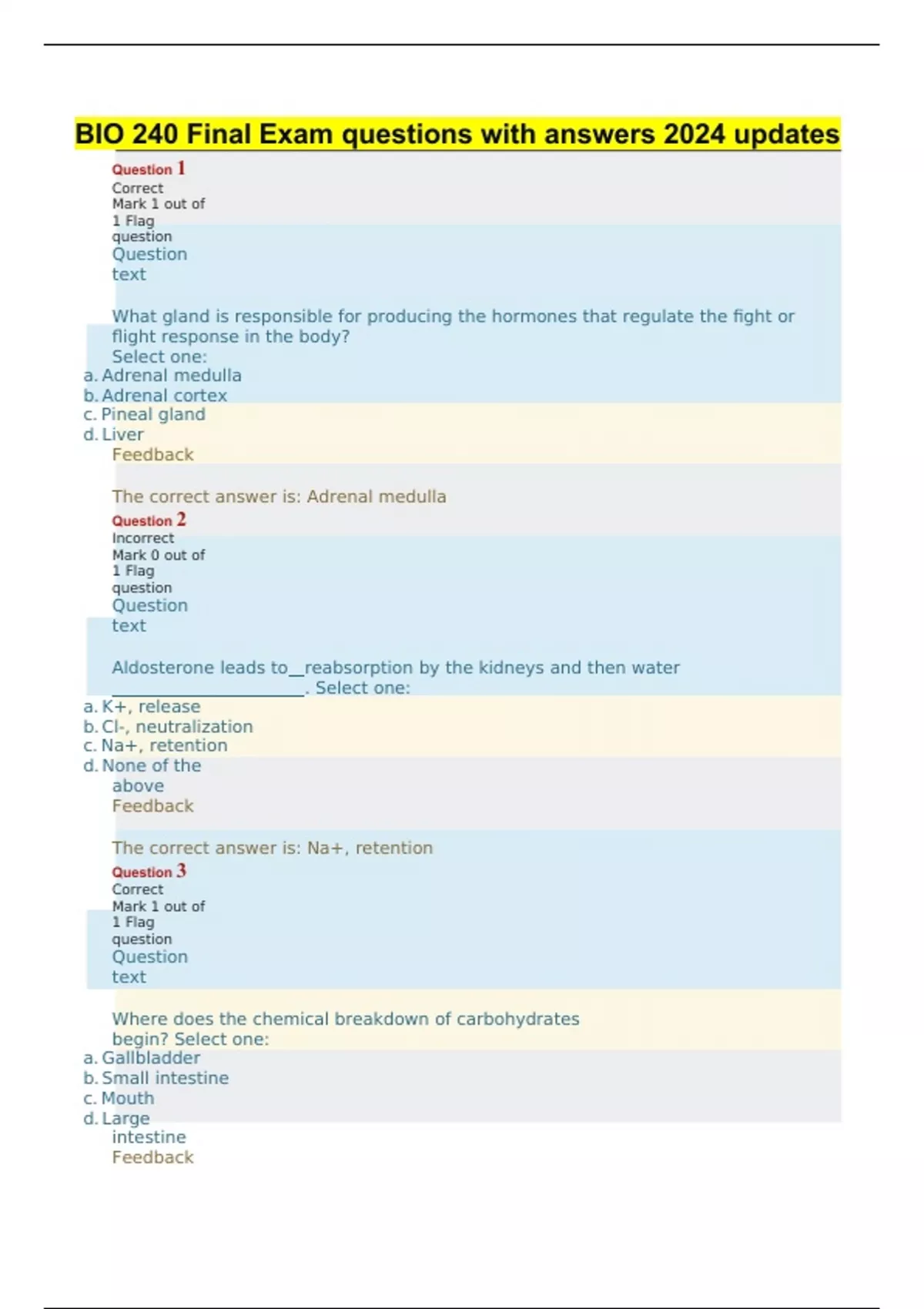 BIO 240 Final Exam questions with answers 2024 updates - BIO 240 Fs ...