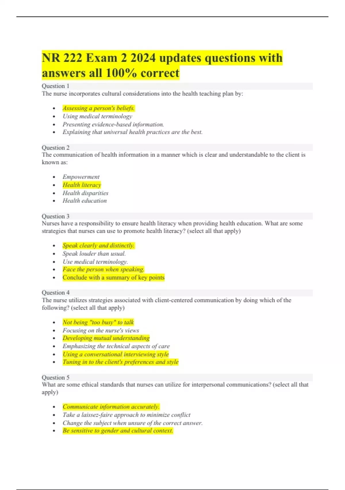 NR 222 Exam 2 2024 updates questions with answers all 100% correct - NR ...