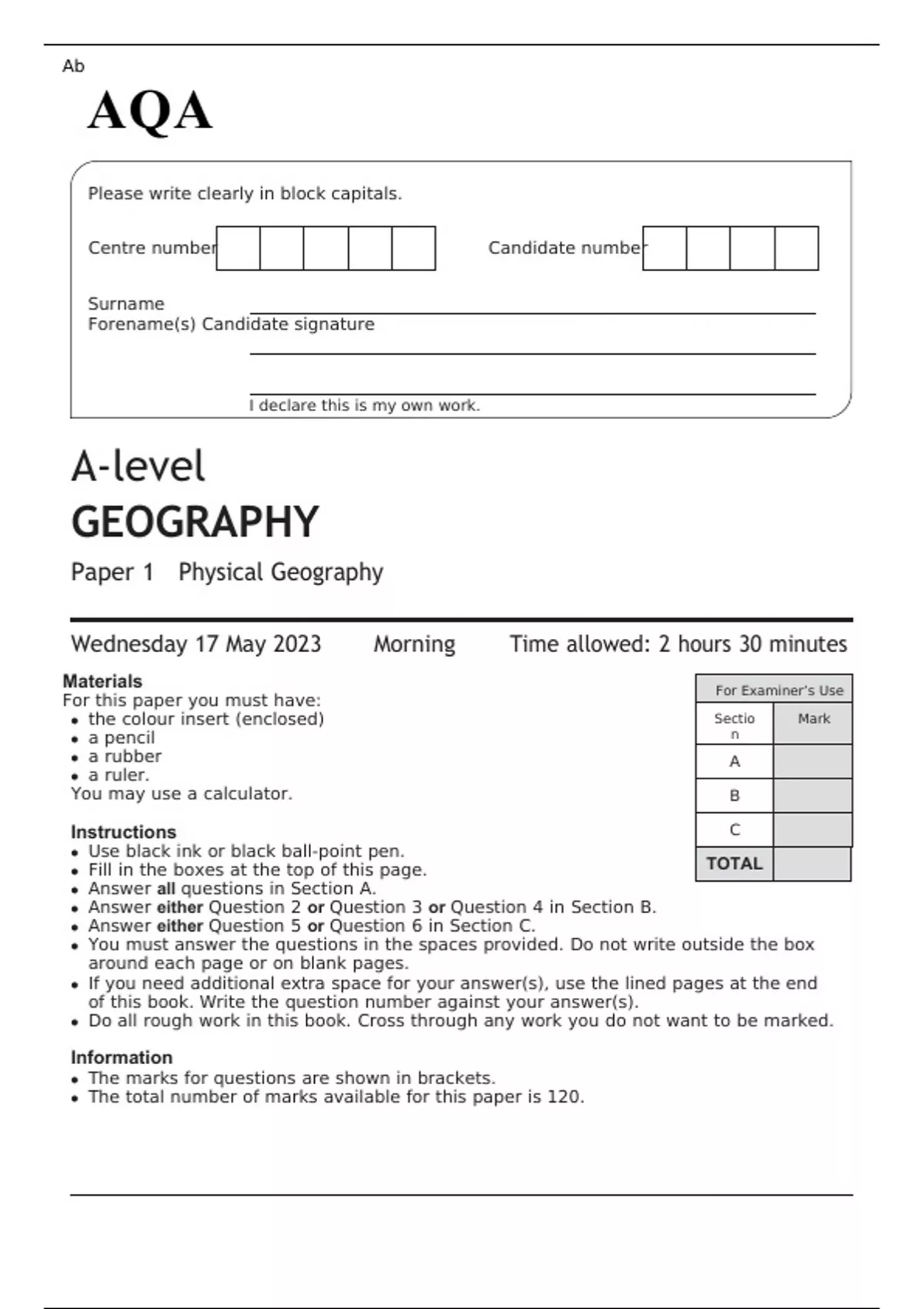 AQA Alevel GEOGRAPHY Paper 1 QUESTION PAPER 2023 Physical Geography