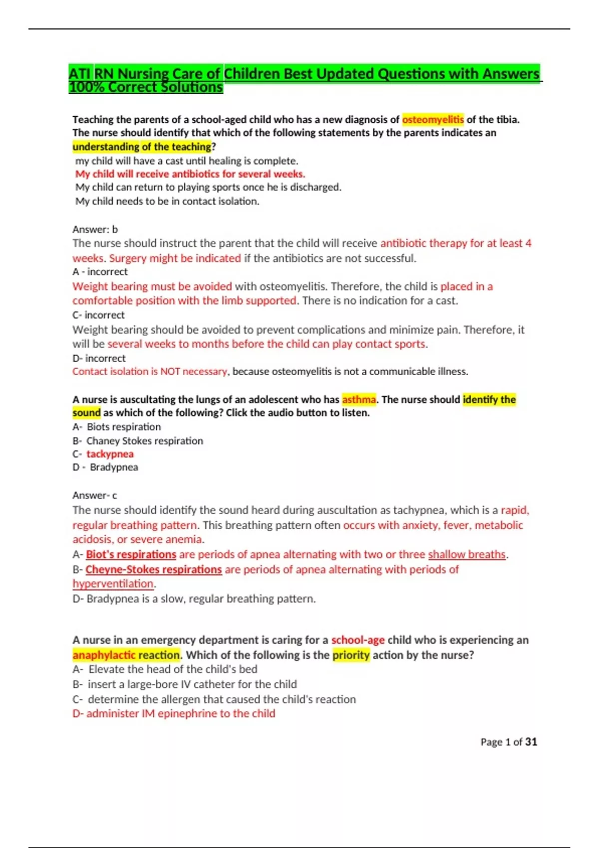 ATI RN Nursing Care of Children Best Updated Questions with Answers 100 ...