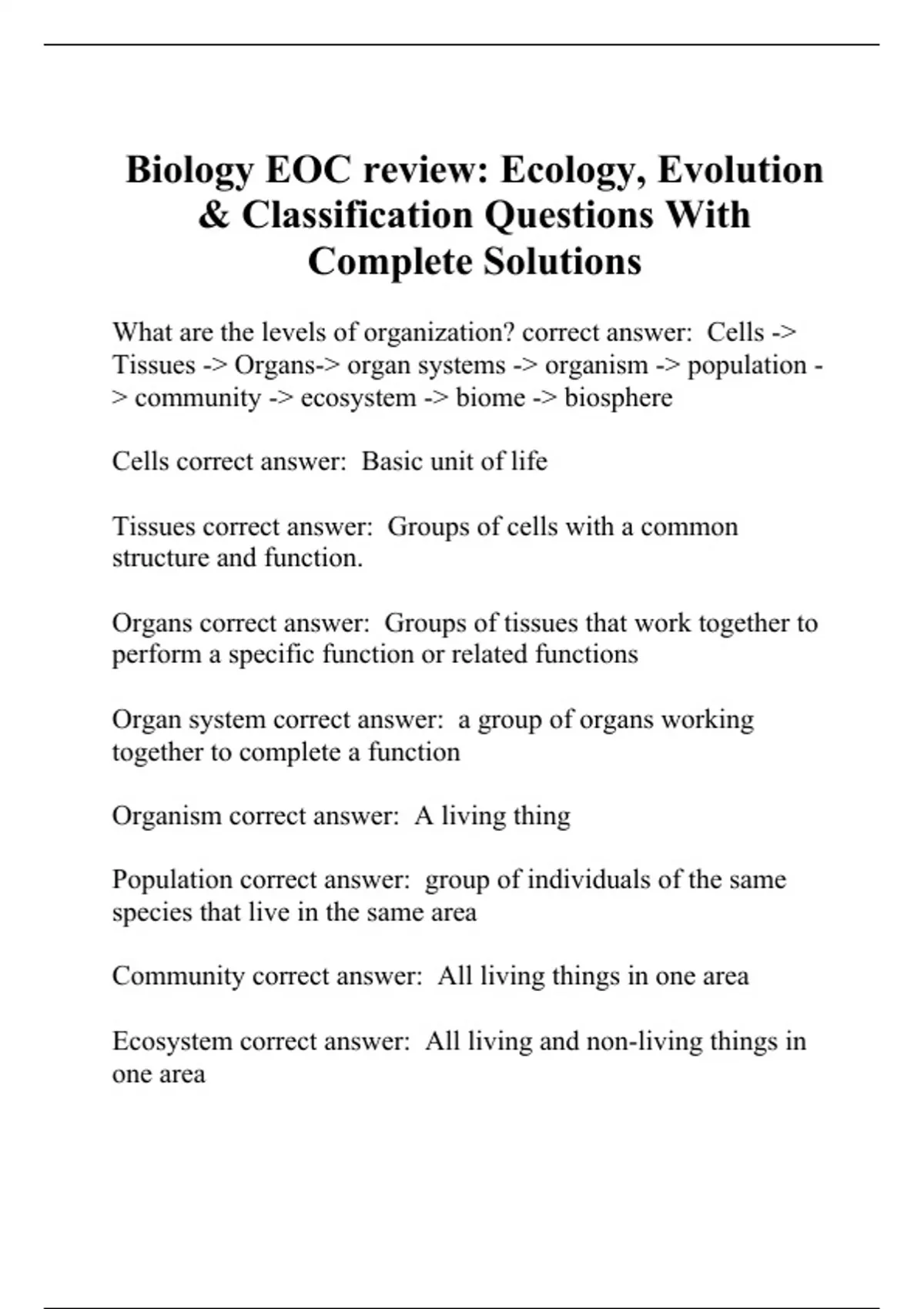 Biology EOC review Ecology, Evolution & Classification Questions With