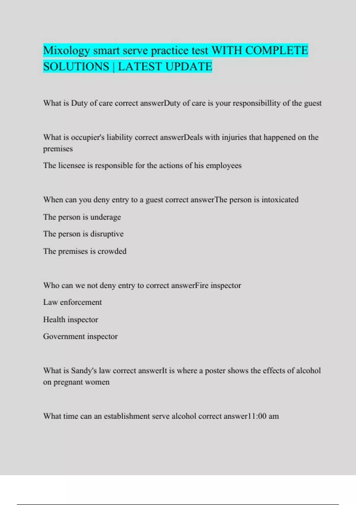Mixology smart serve practice test Questions WITH COMPLETE SOLUTIONS