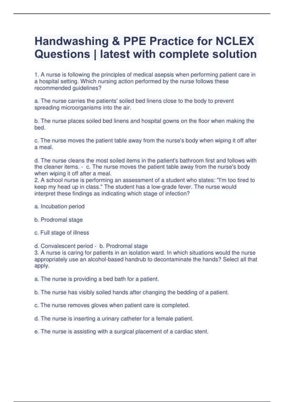 Handwashing & PPE Practice for NCLEX Questions latest with complete