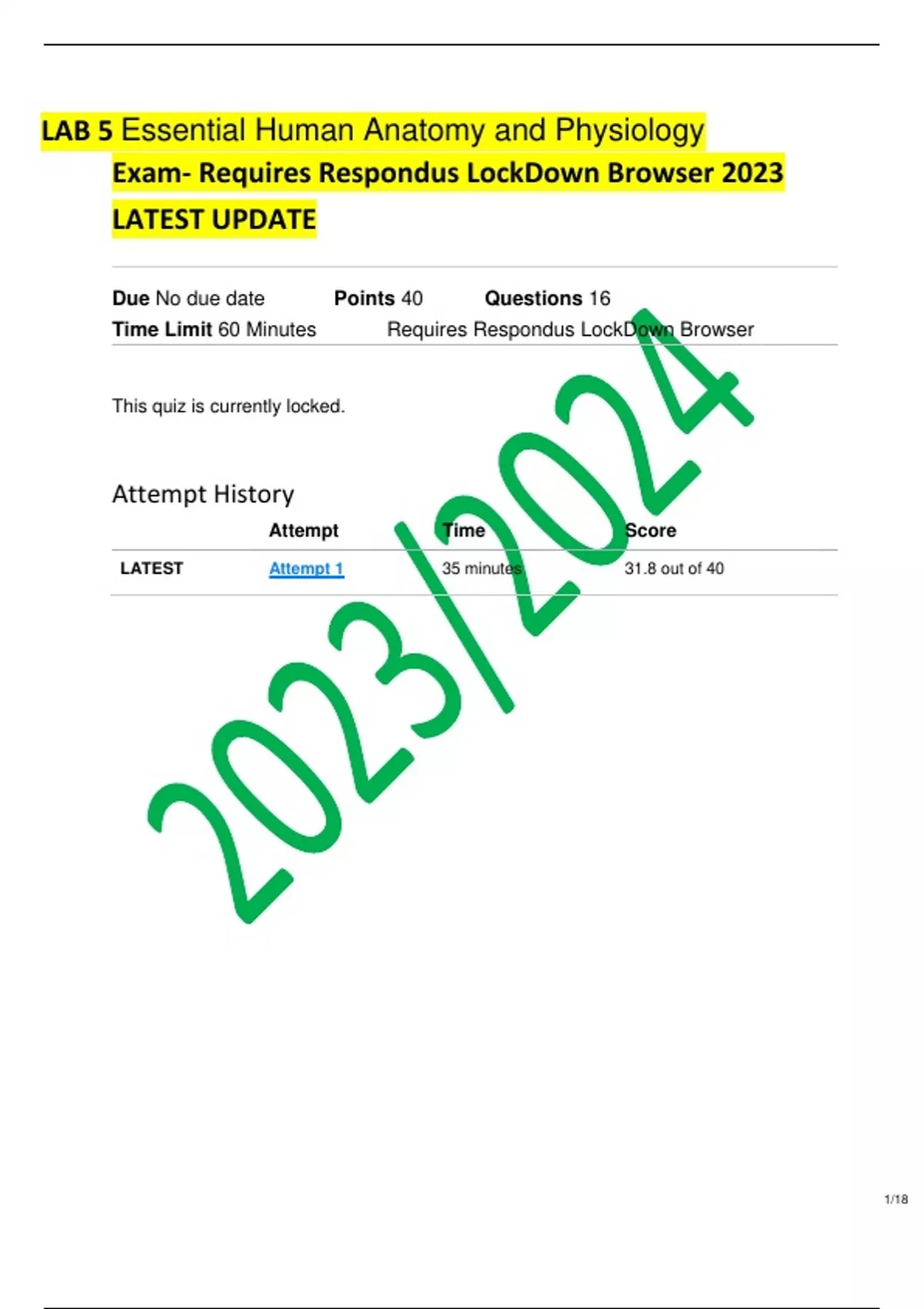 LAB 5 Essential Human Anatomy and Physiology Exam Requires Respondus