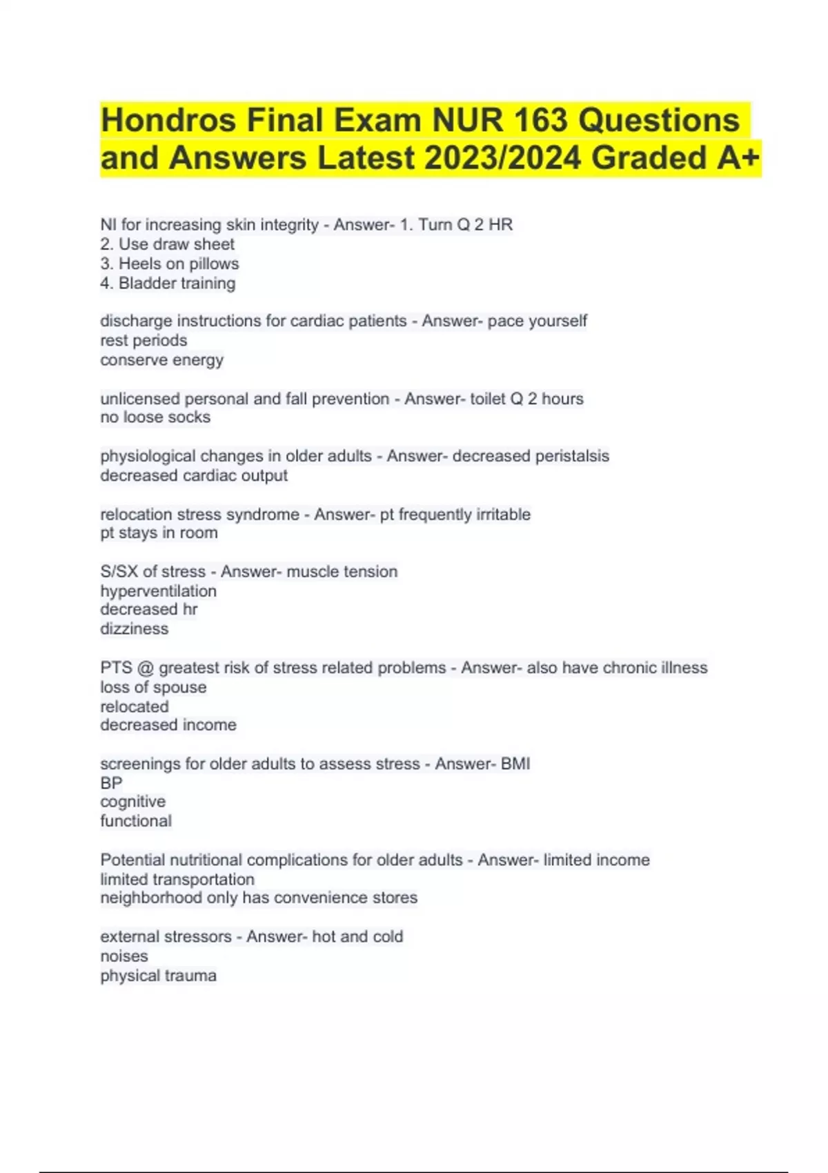 Hondros Final Exam NUR 163 Questions and Answers Latest 2023/2024 ...