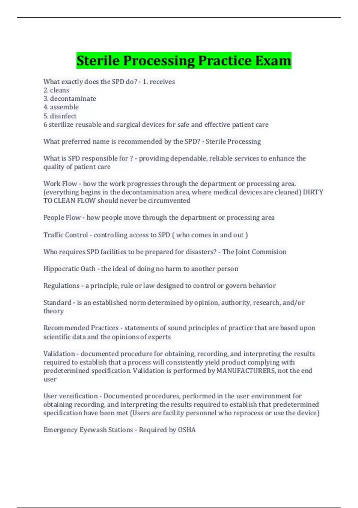 Sterile Processing Practice Exam QUESTIONS AND ANSWERS RATED A+ 2023