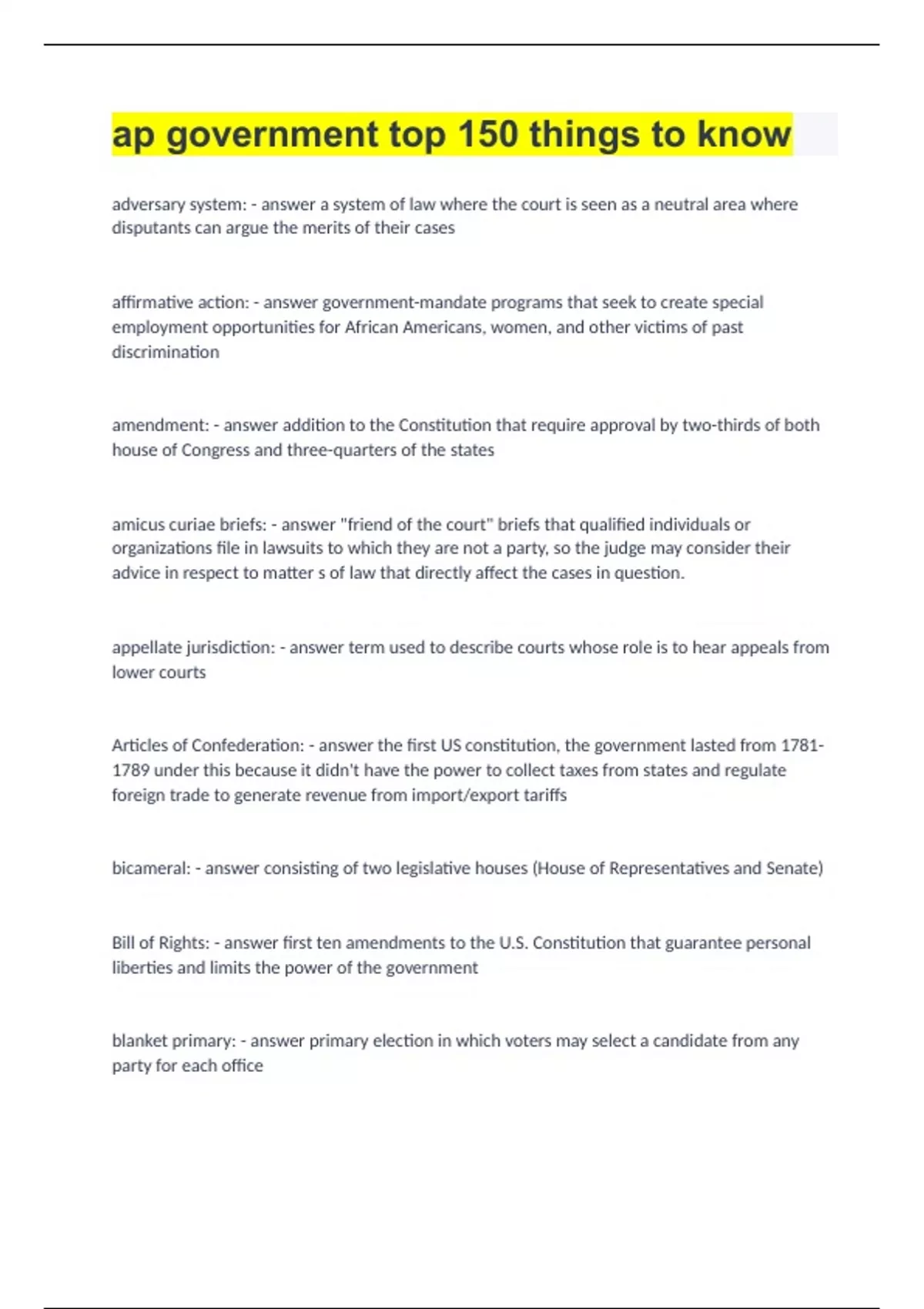 ap government top 150 things to know - AP GOVERNMENT - Stuvia US