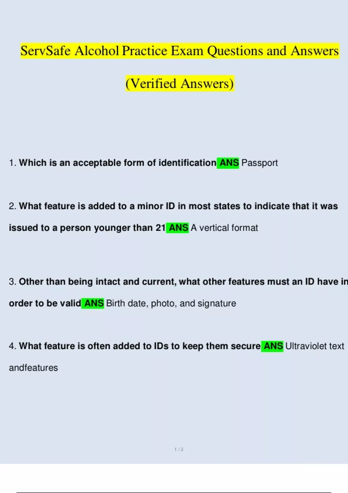 SERVSAFE ALCOHOL EXAM STUDY BUNDLE PACK SOLUTION (Questions and Answers