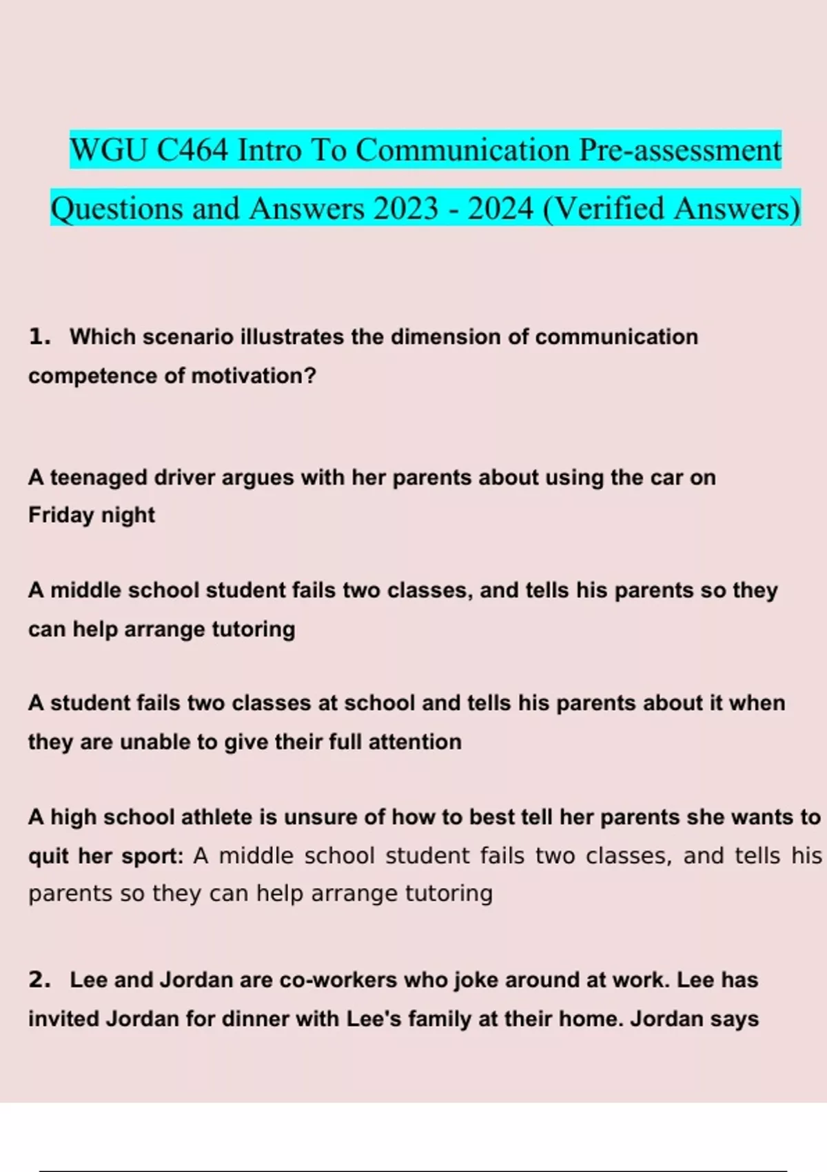 WGU C464 Intro To Communication Pre-assessment questions and answers ...