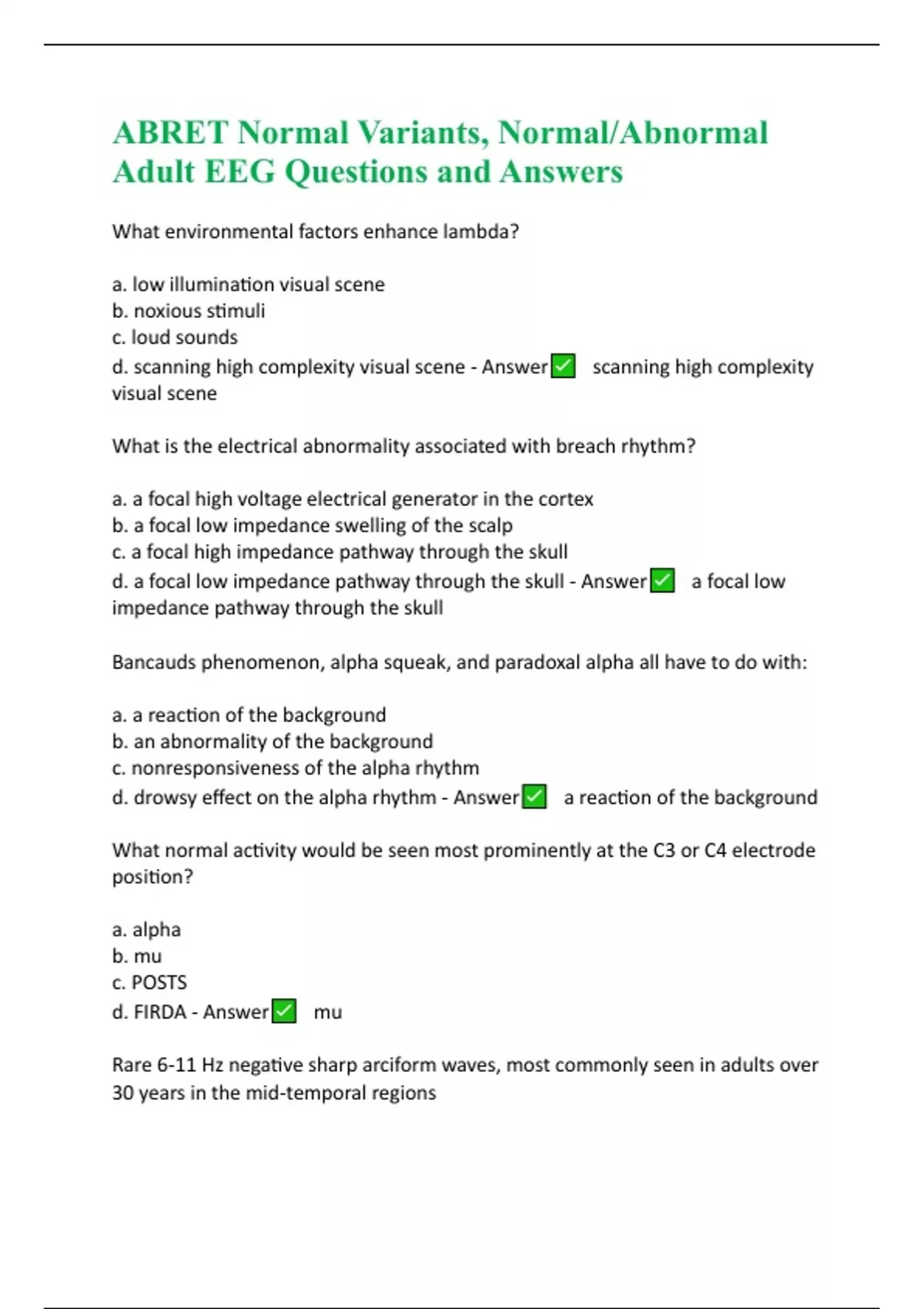 ABRET Normal Variants, Normal/Abnormal Adult EEG Questions and Answers
