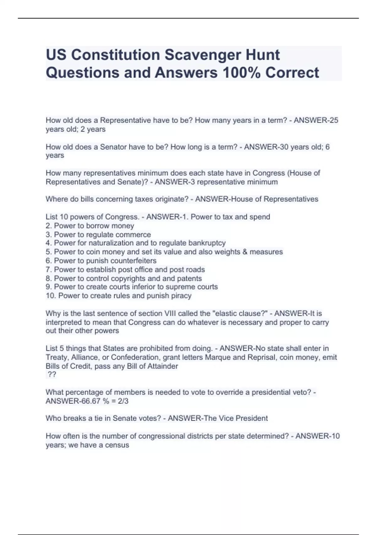 U.S. Constitution Scavenger Hunt Tests COMPILED PACKAGE