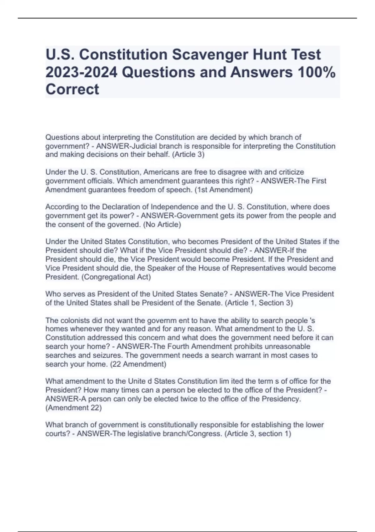 U.S. Constitution Scavenger Hunt Test Questions and Answers 100