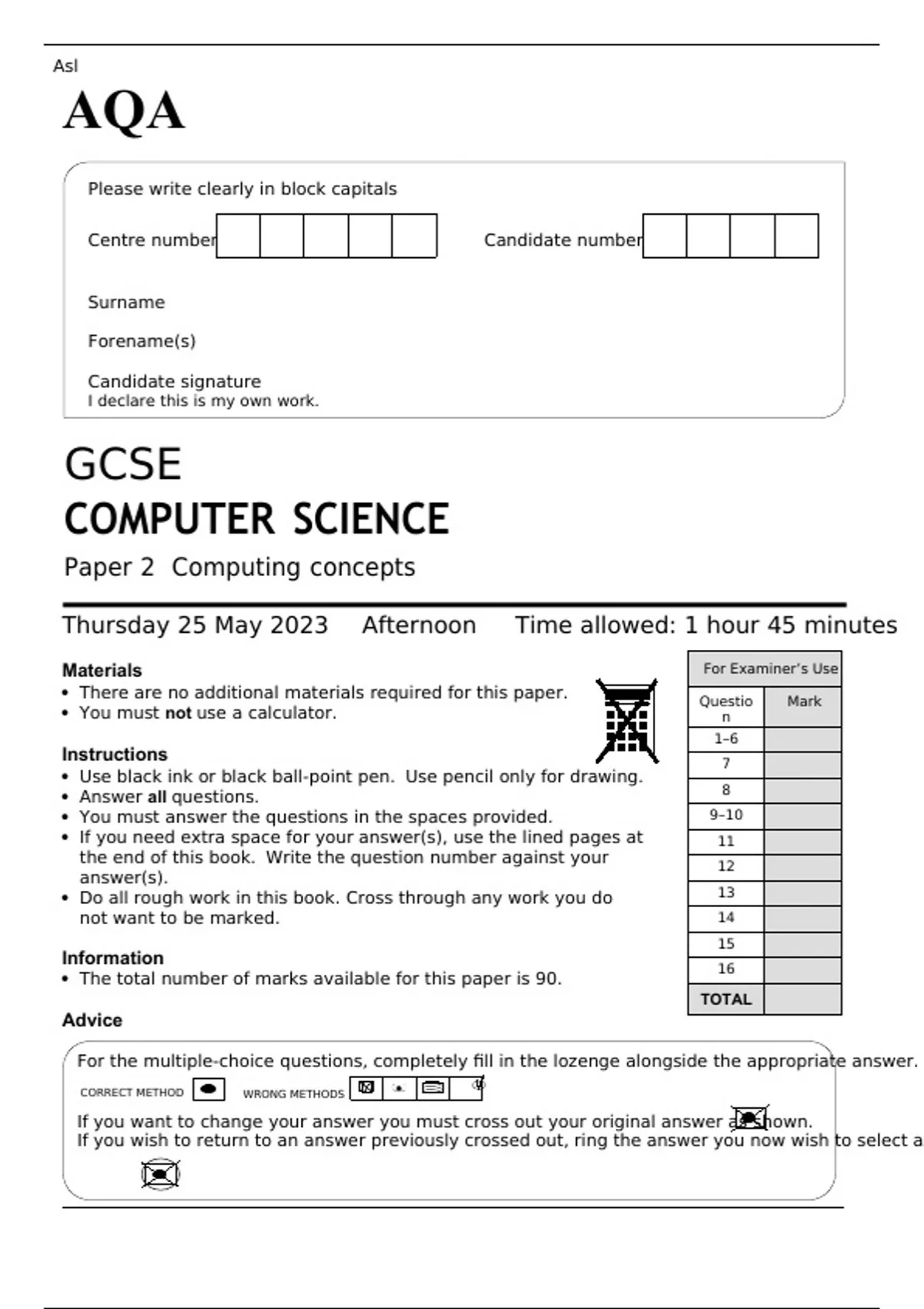 AQA GCSE COMPUTER SCIENCE Paper 2 QUESTION PAPER 2023 Computing