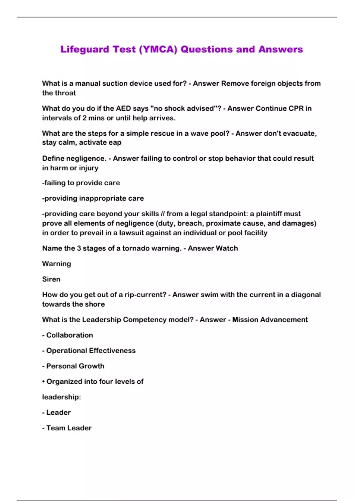 Lifeguard Test (YMCA) Questions and Answers RATED A+ 20232024 LATEST