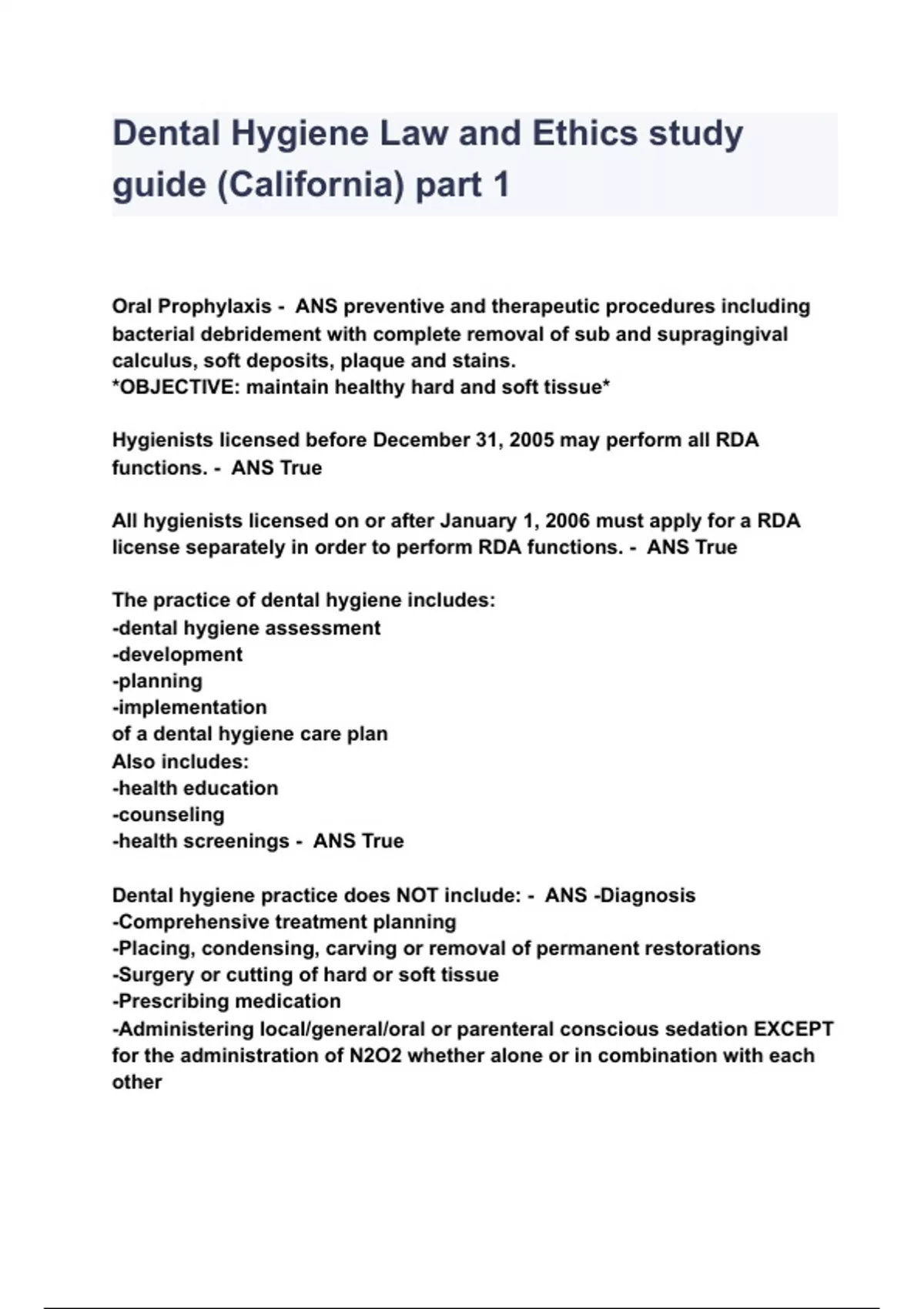Dental Hygiene Law and Ethics study guide (California) part 1 QUESTIONS