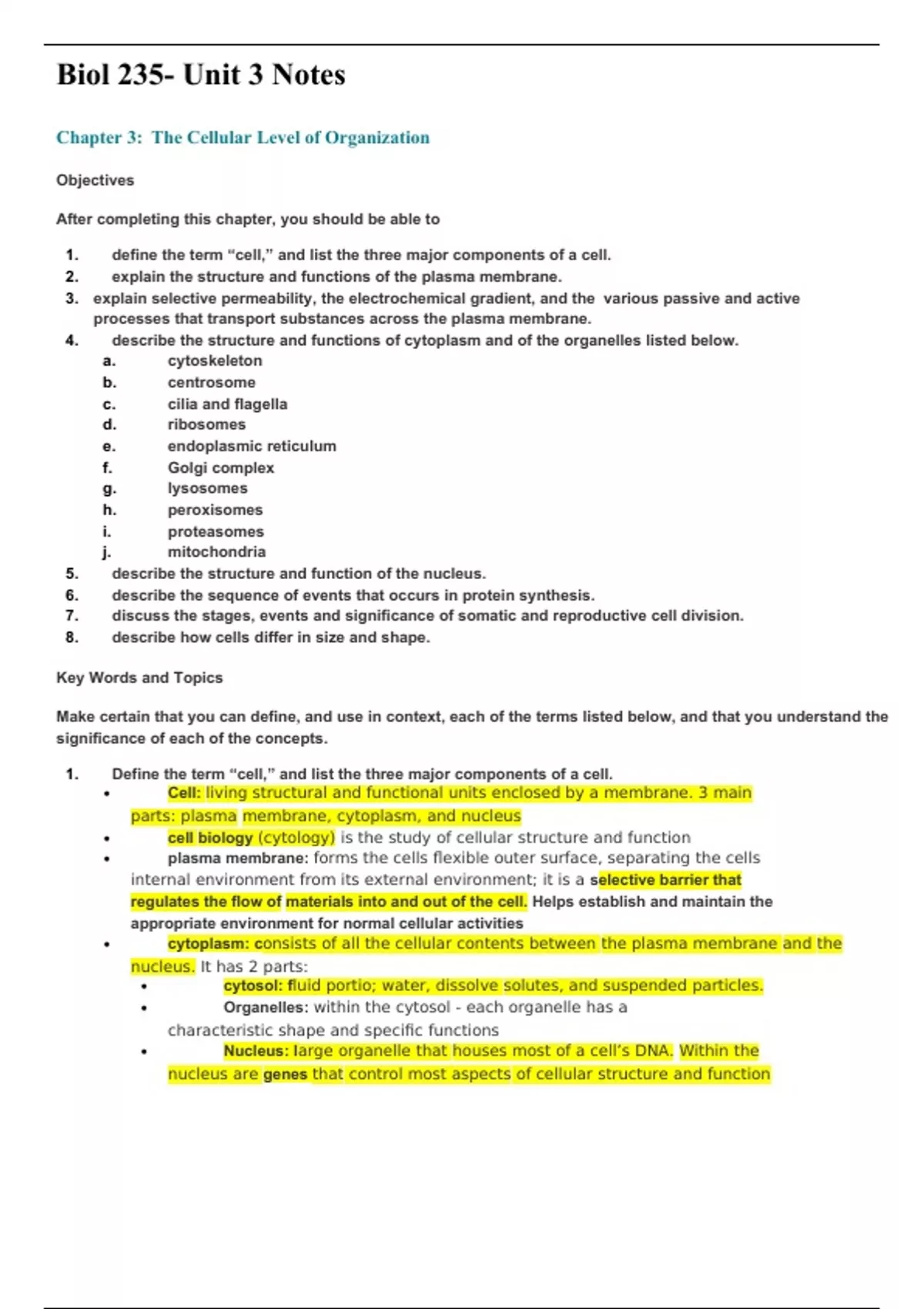 Biol 235 Unit 3 Notes Chapter 3 The Cellular Level Of Organization