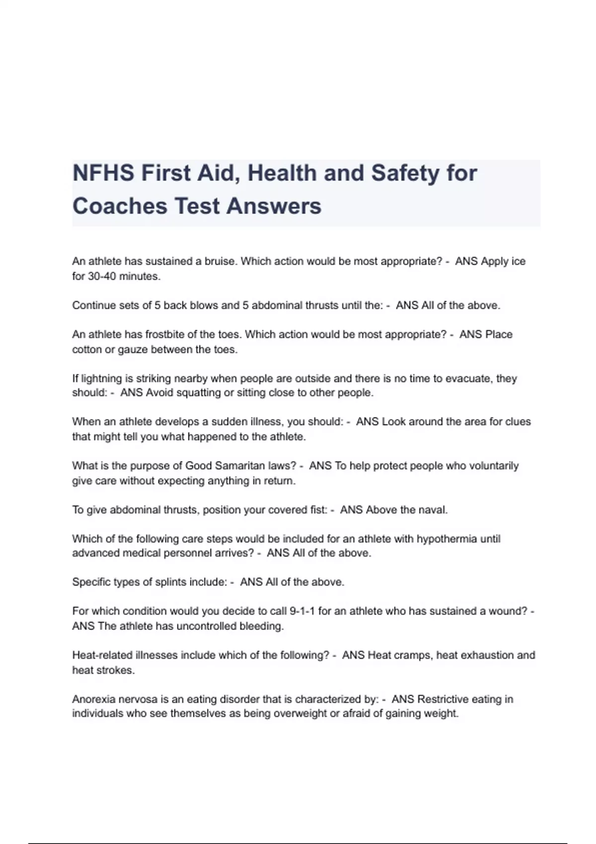 NFHS First Aid, Health and Safety for Coaches Test Questions & Answers