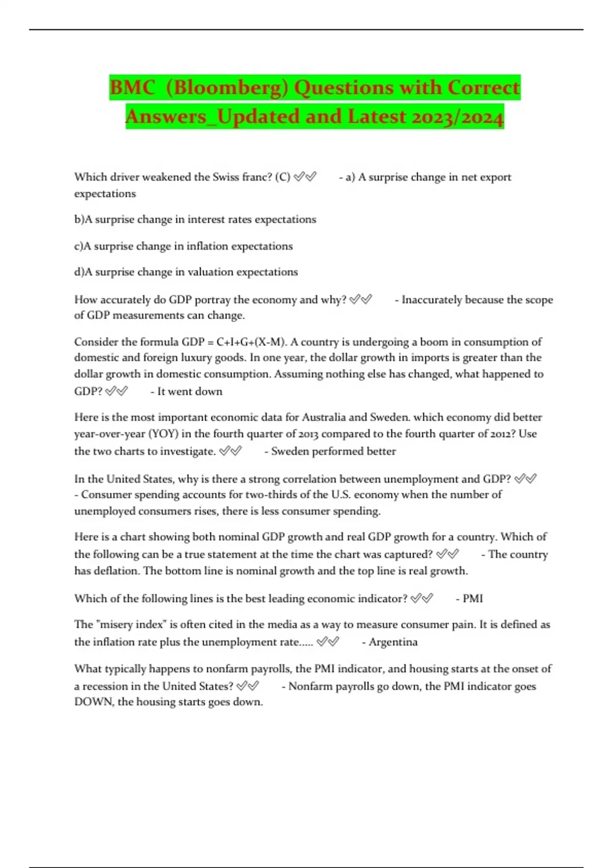 BMC (Bloomberg) Questions with Correct Answers Updated and Latest 2024/ ...