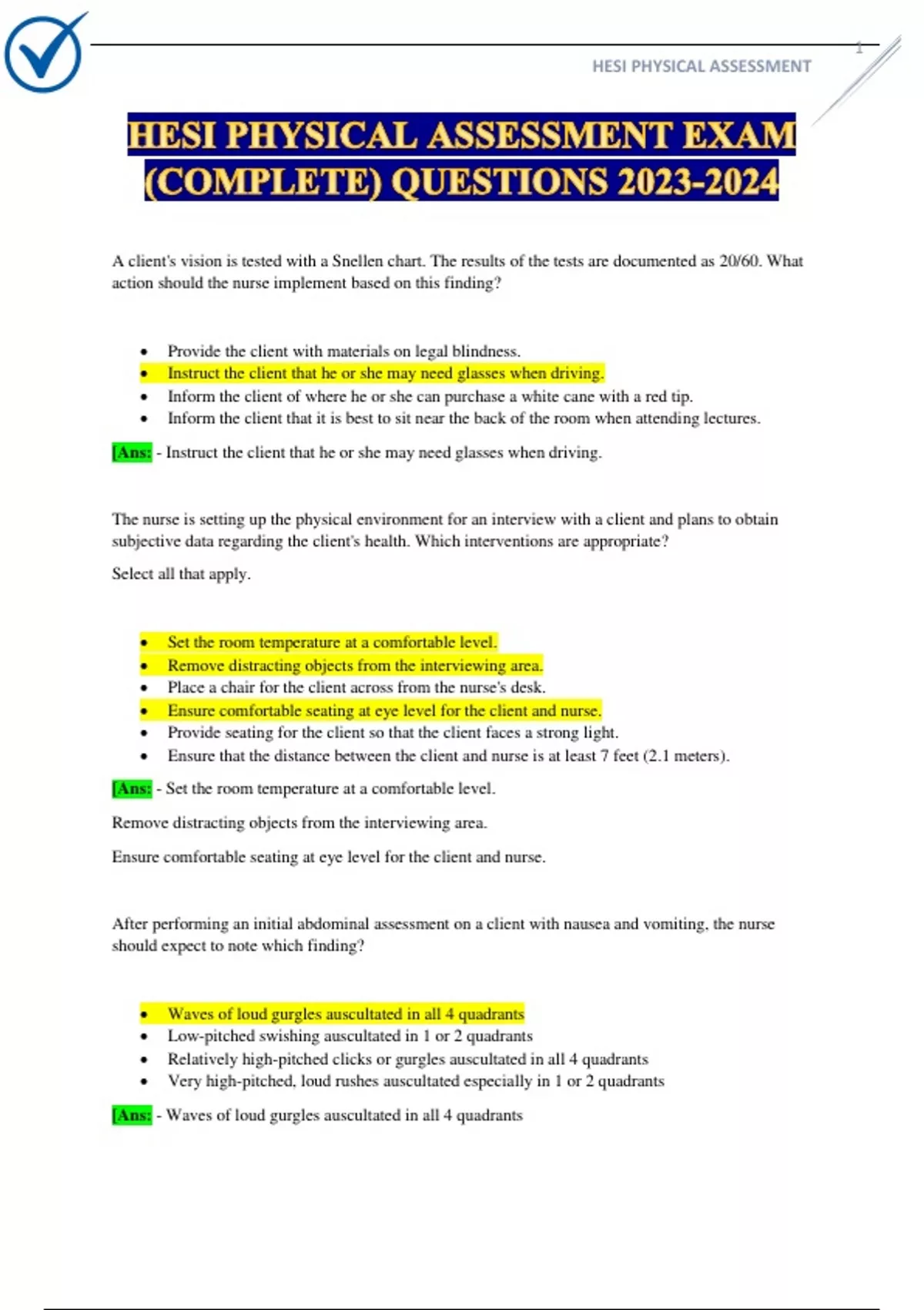 HESI PHYSICAL ASSESSMENT EXAM (COMPLETE) QUESTIONS WITH ALL CORRECT ...