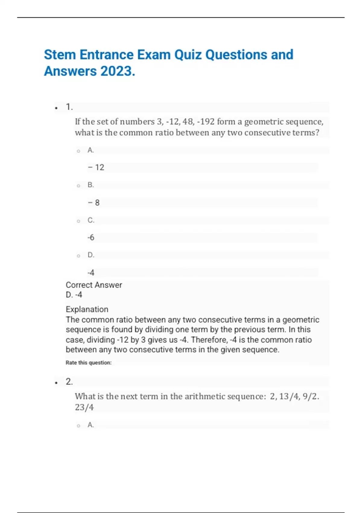 Stem Option Test Example Stem Entrance Exam Quiz Questions and Answers 2023. - Stem Entrance ...