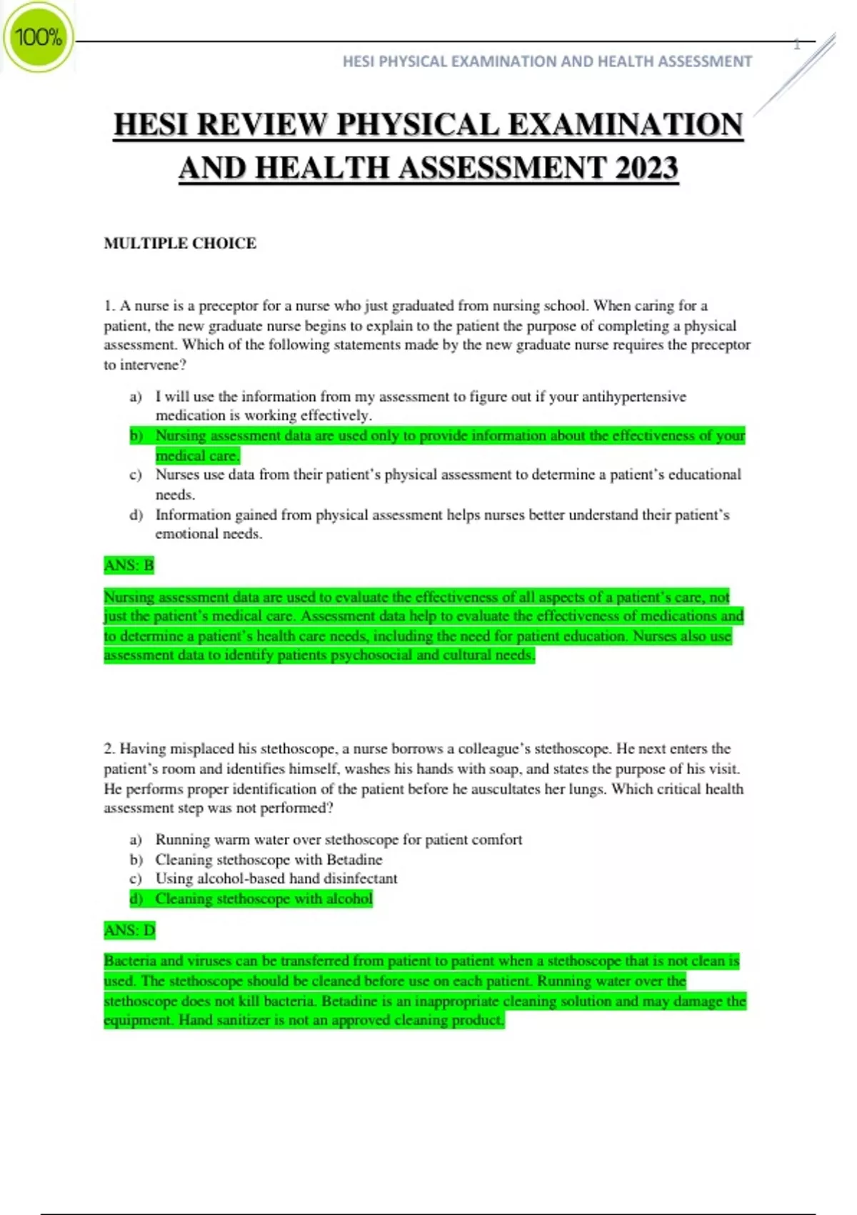 HESI REVIEW PHYSICAL EXAMINATION AND HEALTH ASSESSMENT 2023 QUESTIONS ...