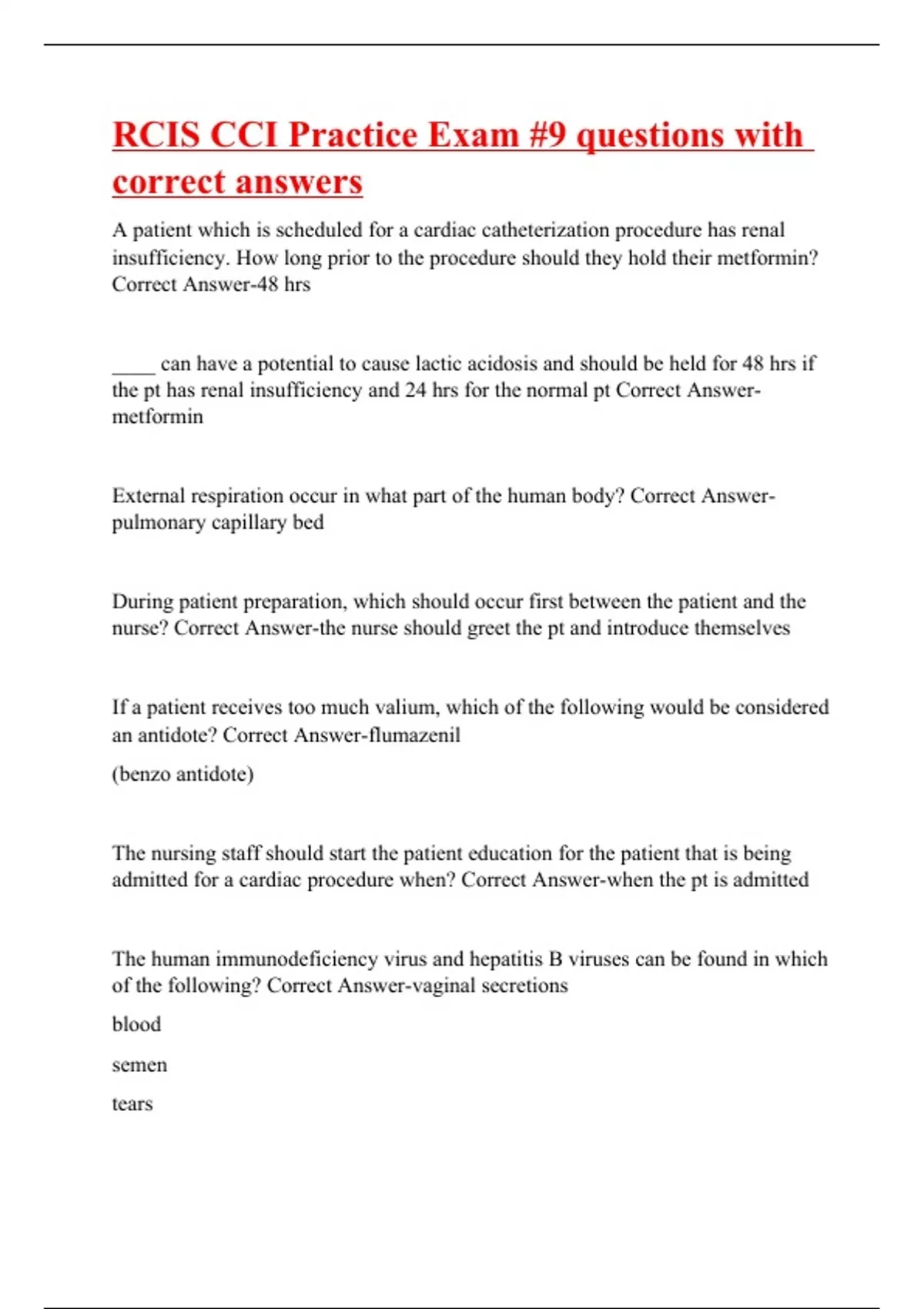 RCIS CCI Practice Exam 9 questions with correct answers RCIS CCI