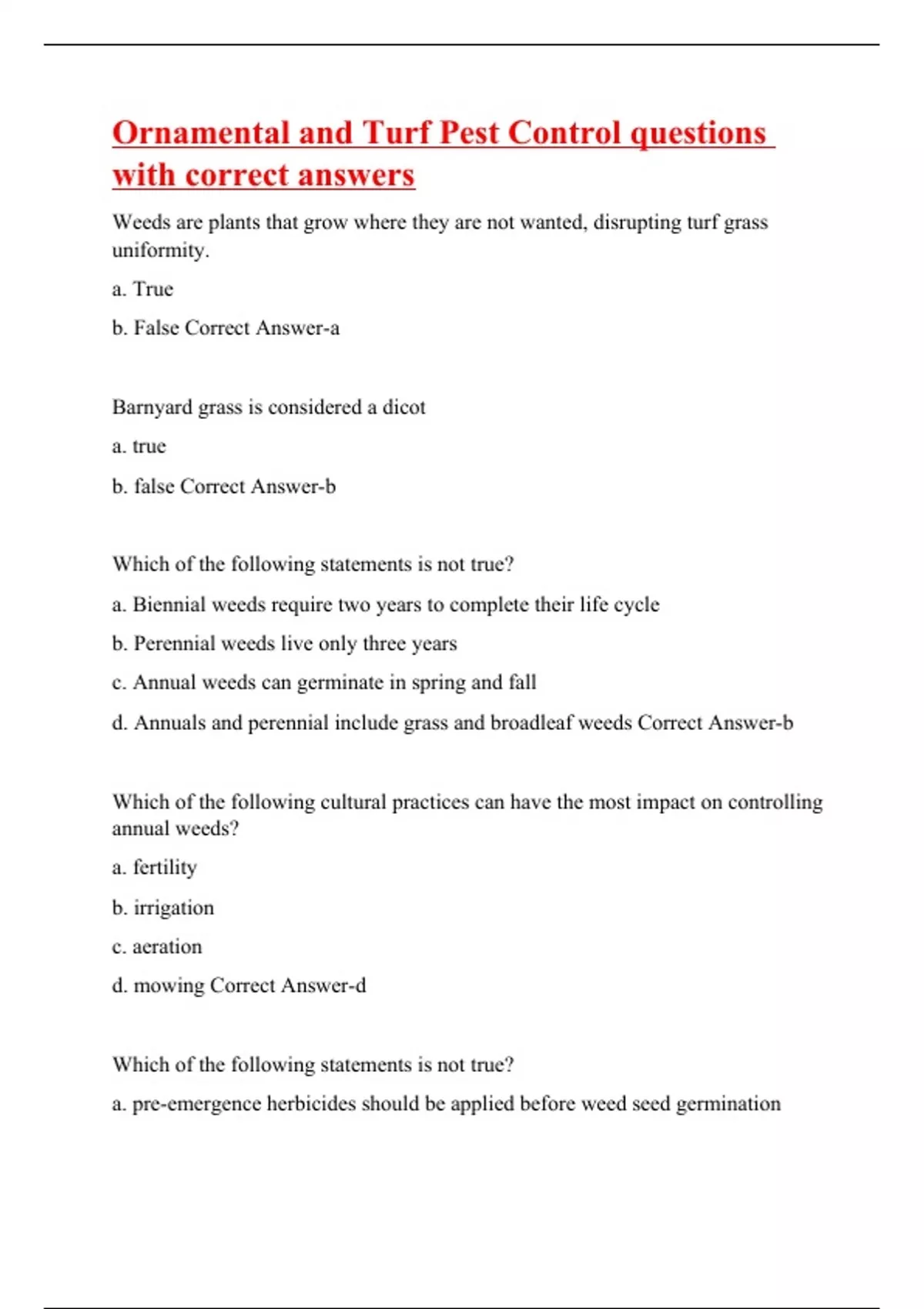 Ornamental and Turf Pest Control questions with correct answers
