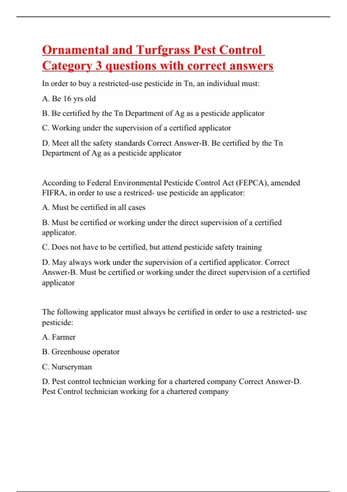 Ornamental and Turfgrass Pest Control Category 3 questions with correct ...