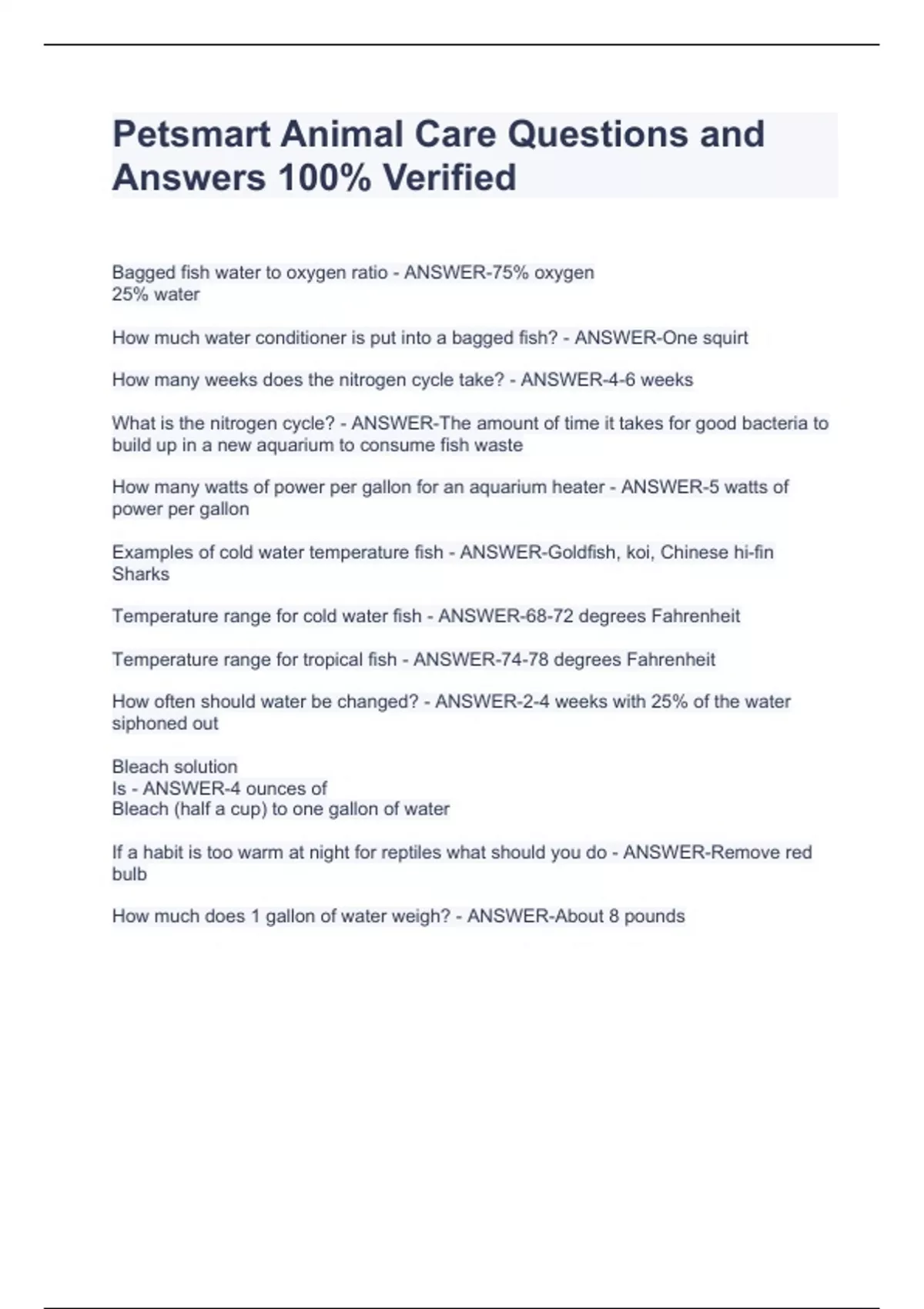 Petsmart Animal Care Questions and Answers 100 Verified Petsmart Stuvia US