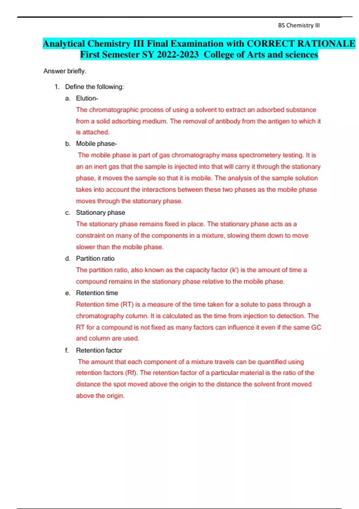 Analytical Chemistry III Final Examination with CORRECT RATIONALE First ...