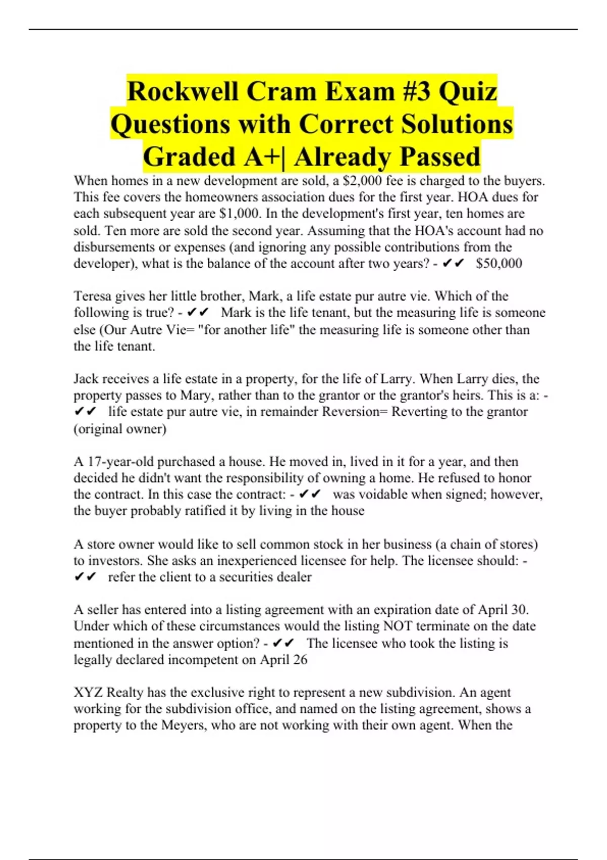 Rockwell Cram Exam 3 Quiz Questions with Correct Solutions Graded A+